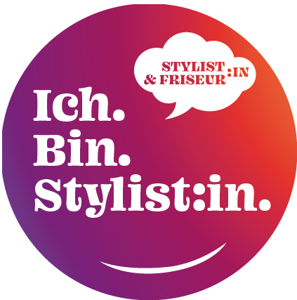 Runder Sticker mit Farbverlauf von Violett zu Rot. Darauf steht in großer weißer Schrift: ‚Ich. Bin. Stylist:in.‘. Oben rechts befindet sich eine weiße Sprechblase mit rotem Text: ‚Stylist:in & Friseur:in‘.