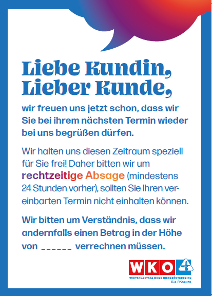 Informationsaufsteller der WK Nieder&ouml;sterreich &ndash; Die Friseure mit Hinweis auf Terminabsage mindestens 24 Stunden im Voraus, sonst wird eine Geb&uuml;hr verrechnet.