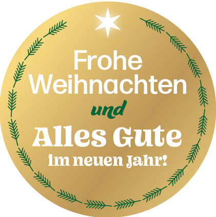 Runder Sticker mit goldenem Hintergrund. In der Mitte steht in weißer und grüner Schrift: ‚Frohe Weihnachten und Alles Gute im neuen Jahr!‘. Oben ist ein weißer Stern, rundherum ein grüner Kranz aus Tannenzweigen.