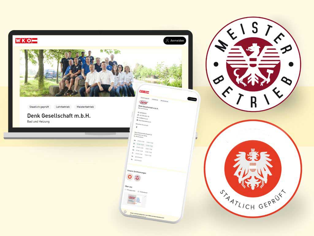 Laptop und Smartphone mit dem WKO Firmen A-Z auf den Displays und die Logos der Gütesiegel Meisterbetrieb und staatlich geprüft