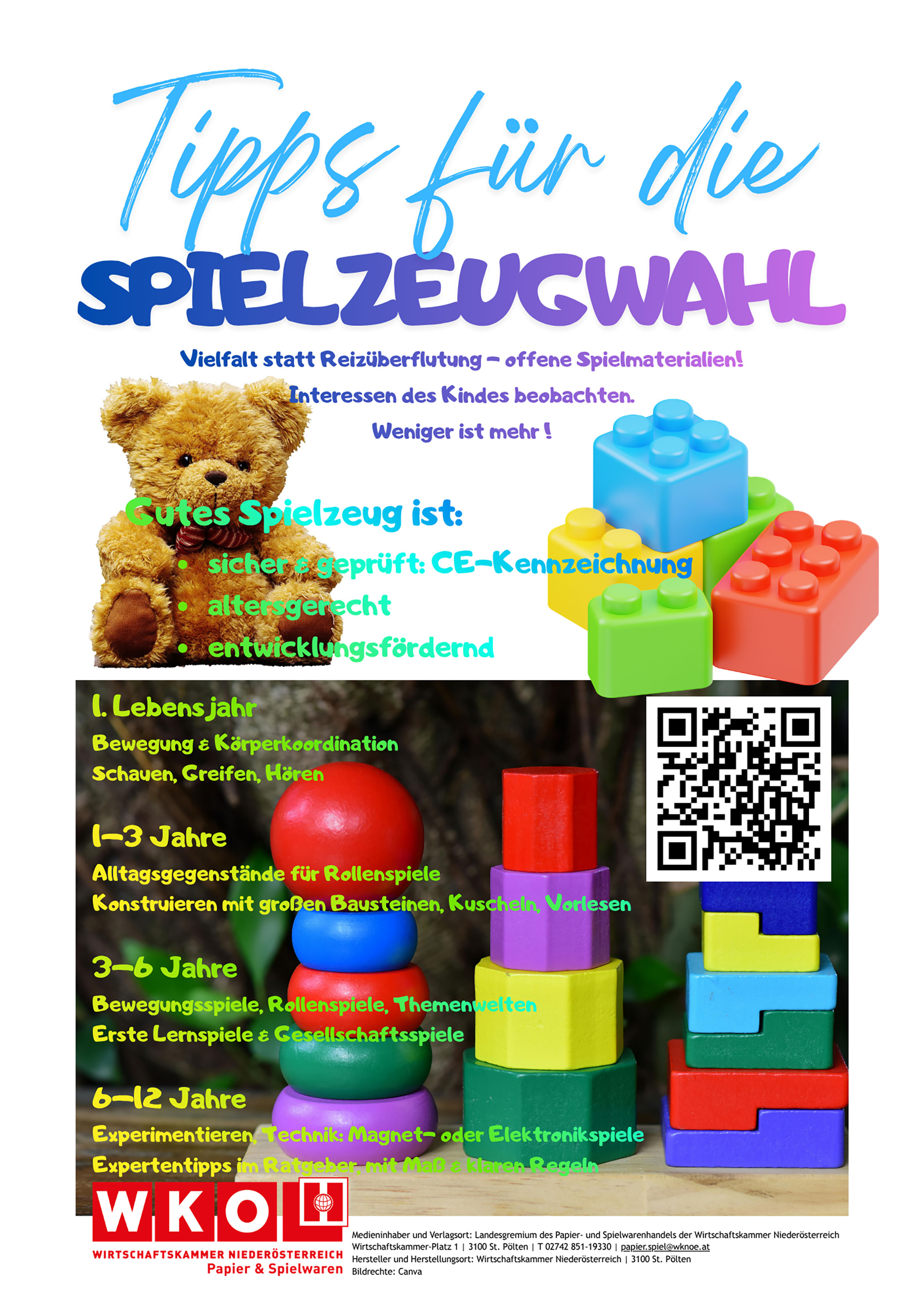 Plakat &bdquo;Tipps f&uuml;r die Spielzeugwahl&ldquo; mit Textempfehlungen zur altersgerechten, sicheren und entwicklungsf&ouml;rdernden Spielzeugauswahl; Abbildungen von Teddyb&auml;r und bunten Bausteinen, Altersstufen von 0&ndash;12 Jahren, QR-Code.