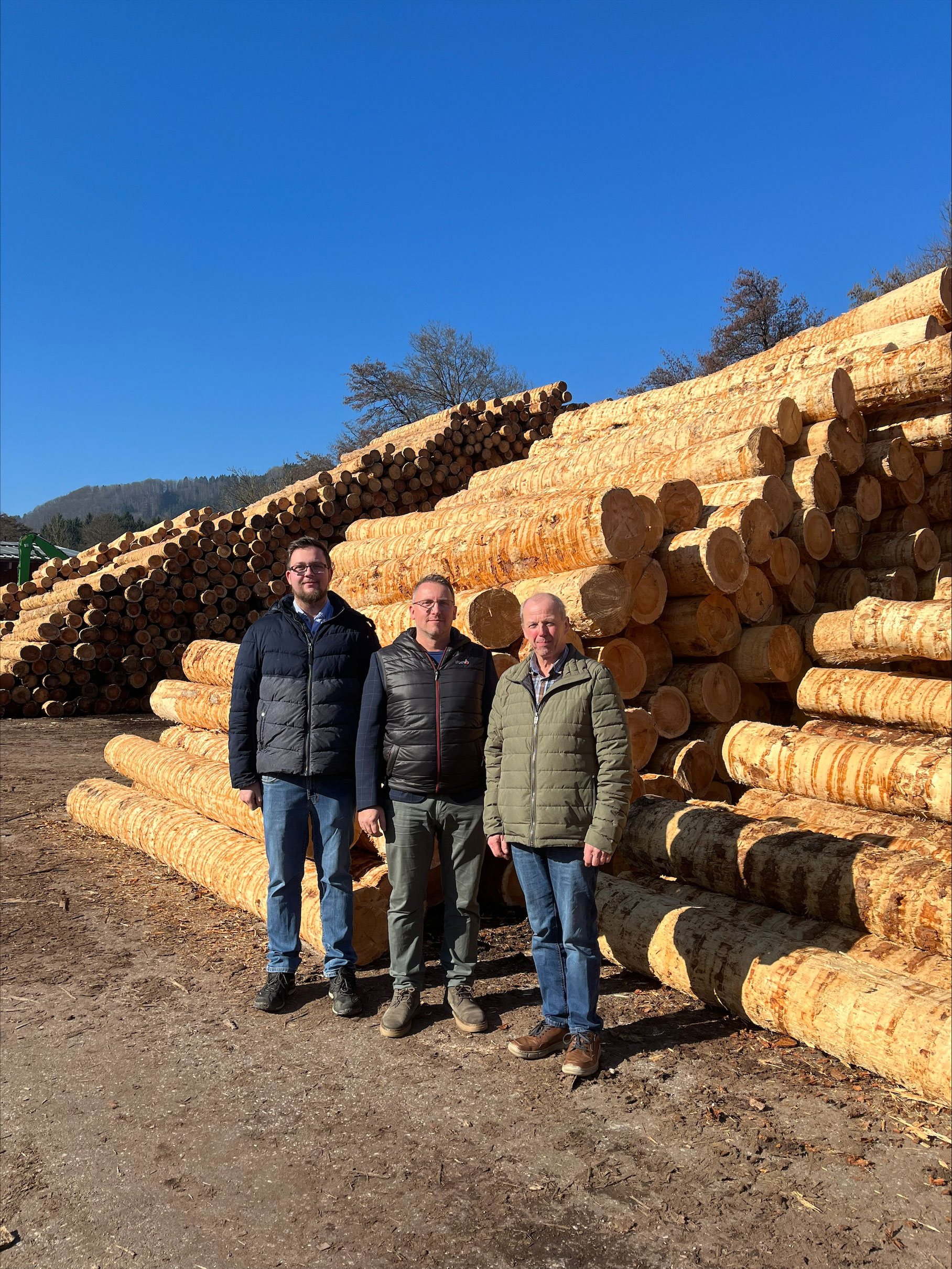 Drei Personen stehen im Freien vor gro&szlig;en, gestapelten Baumst&auml;mmen auf einem Holzlagerplatz, im Hintergrund Wald und blauer Himmel.