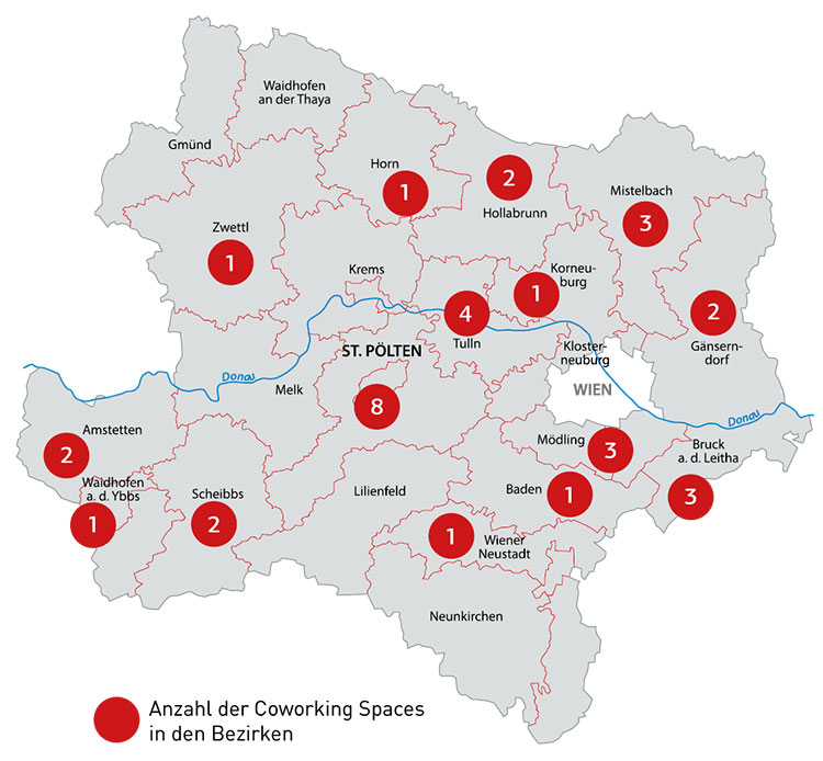 Übersichtskarte von NÖ mit der Anzahl der kooperierenden Coworking Spaces.