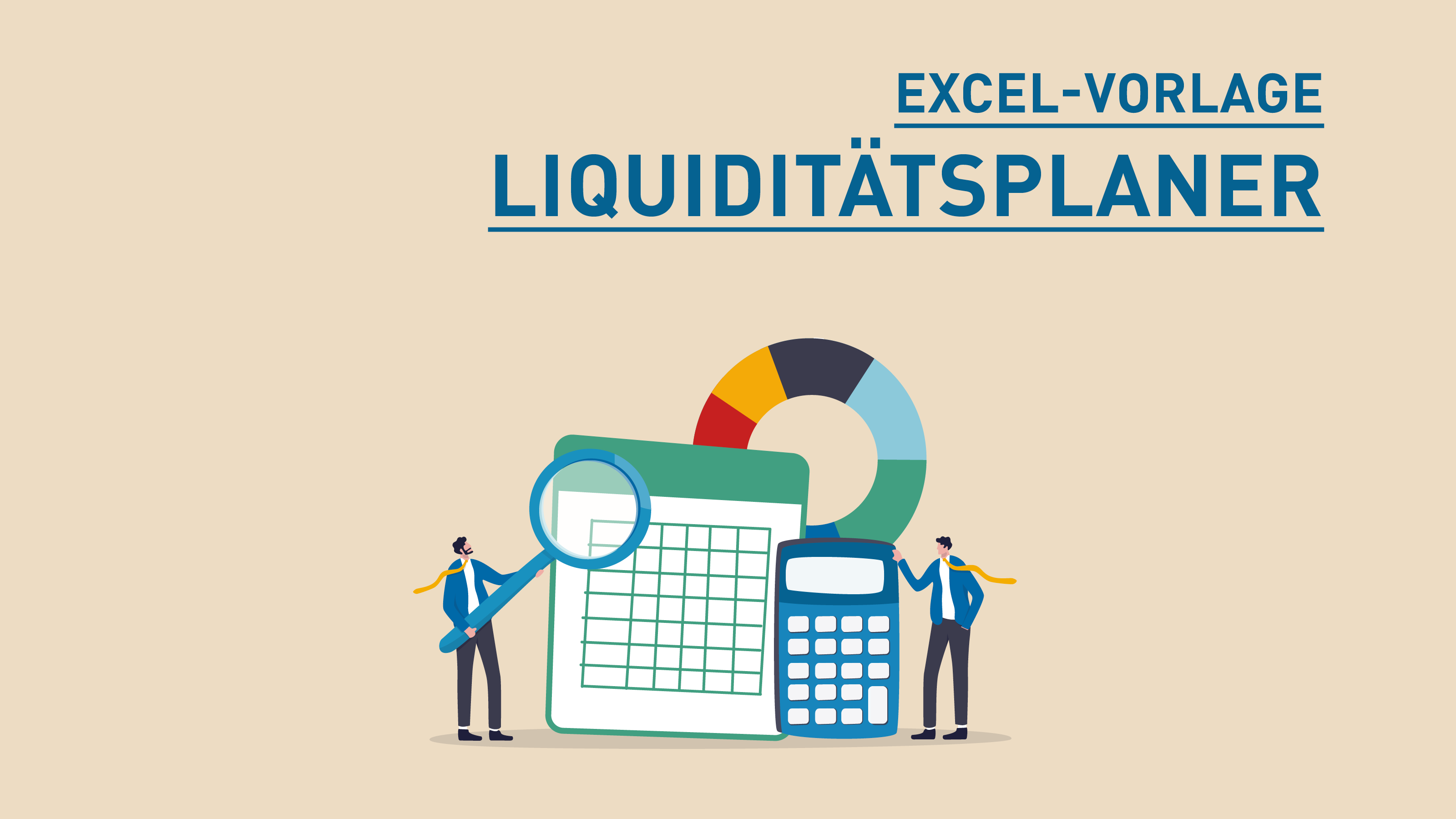 Vektorgrafik Collage f&uuml;r Finanzen mit Personen, Lupe, Raster, Taschenrechner und buntem Diagramm