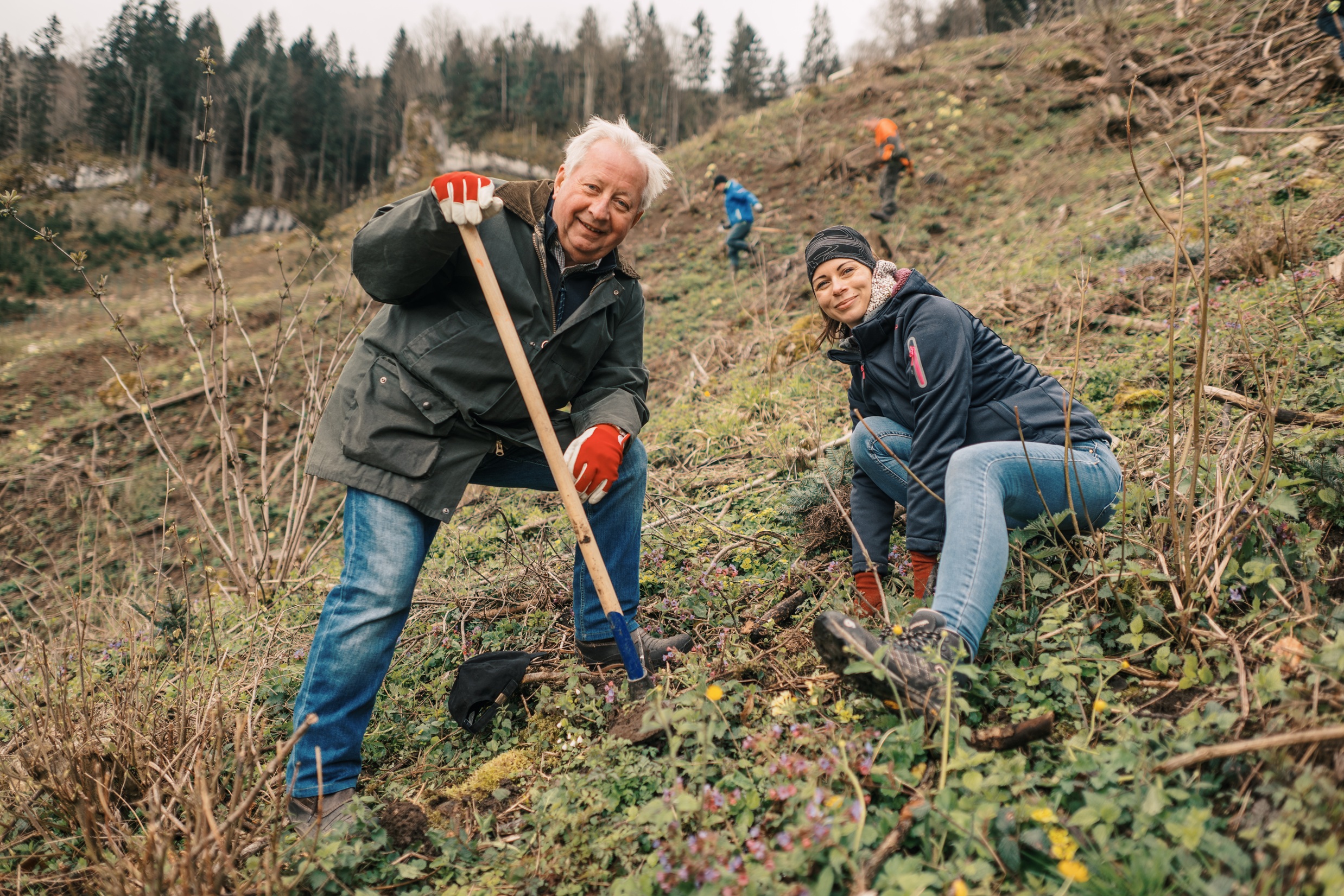 Zwei Personen pflanzen einen Baum.