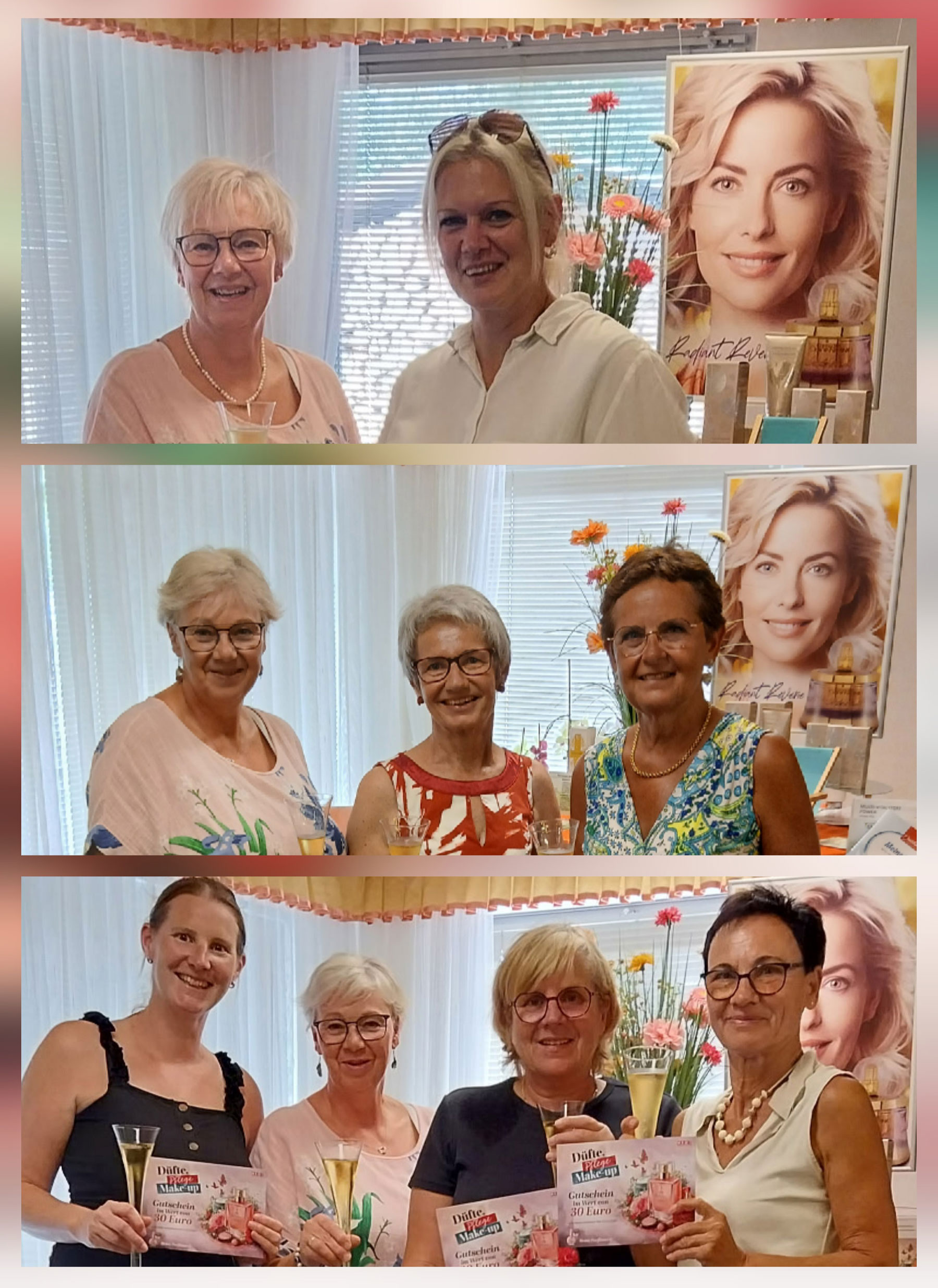 Fotocollage zur Aktion &bdquo;D&uuml;fte, Pflege, Make-up&ldquo; mit Werbesujet sowie Bildern der Gutschein&uuml;bergabe in einer Parf&uuml;merie.