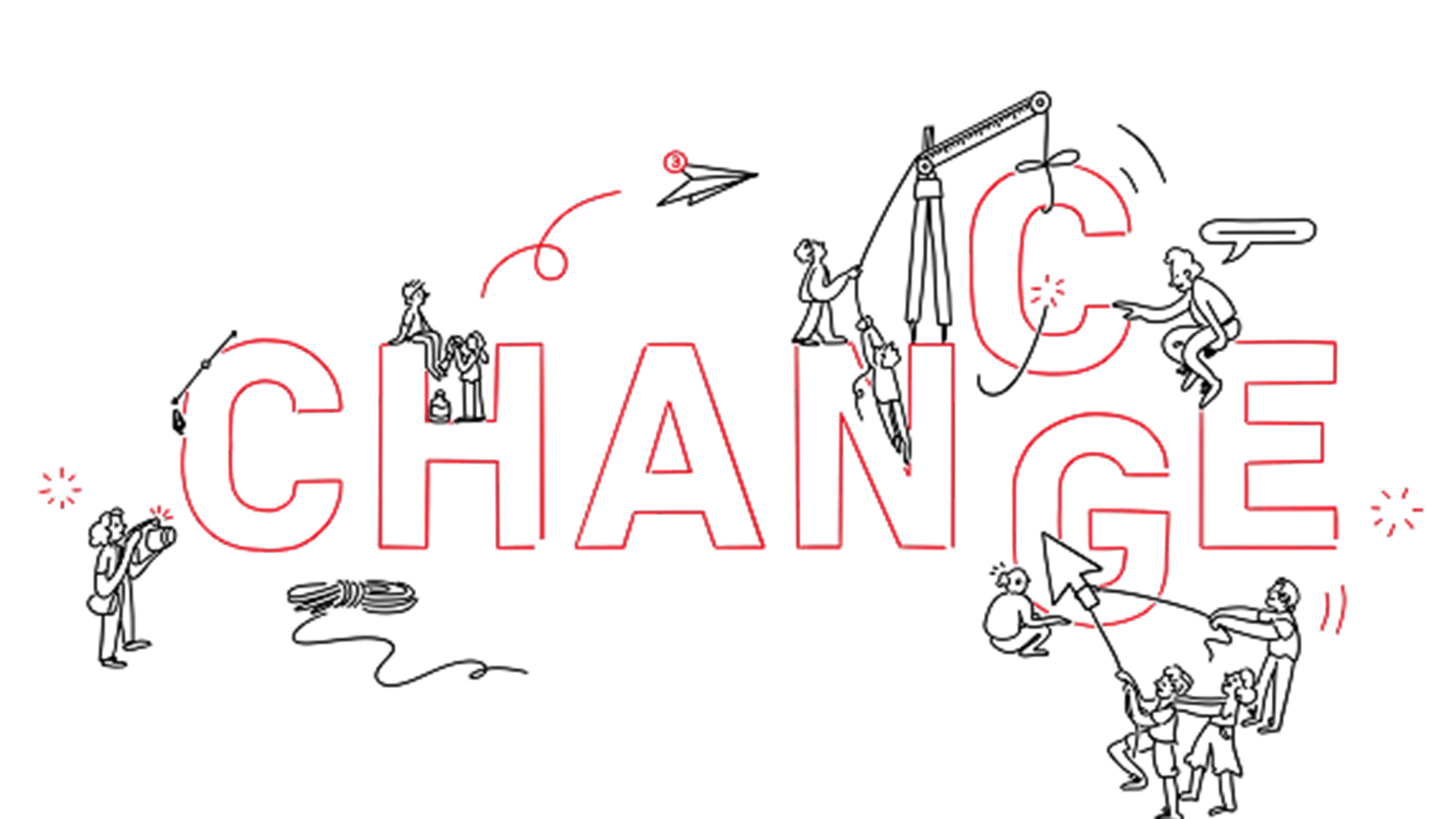 Grafik mit den Buchstaben CHANCGE und Illustrationen von Personen in schwarz weiß