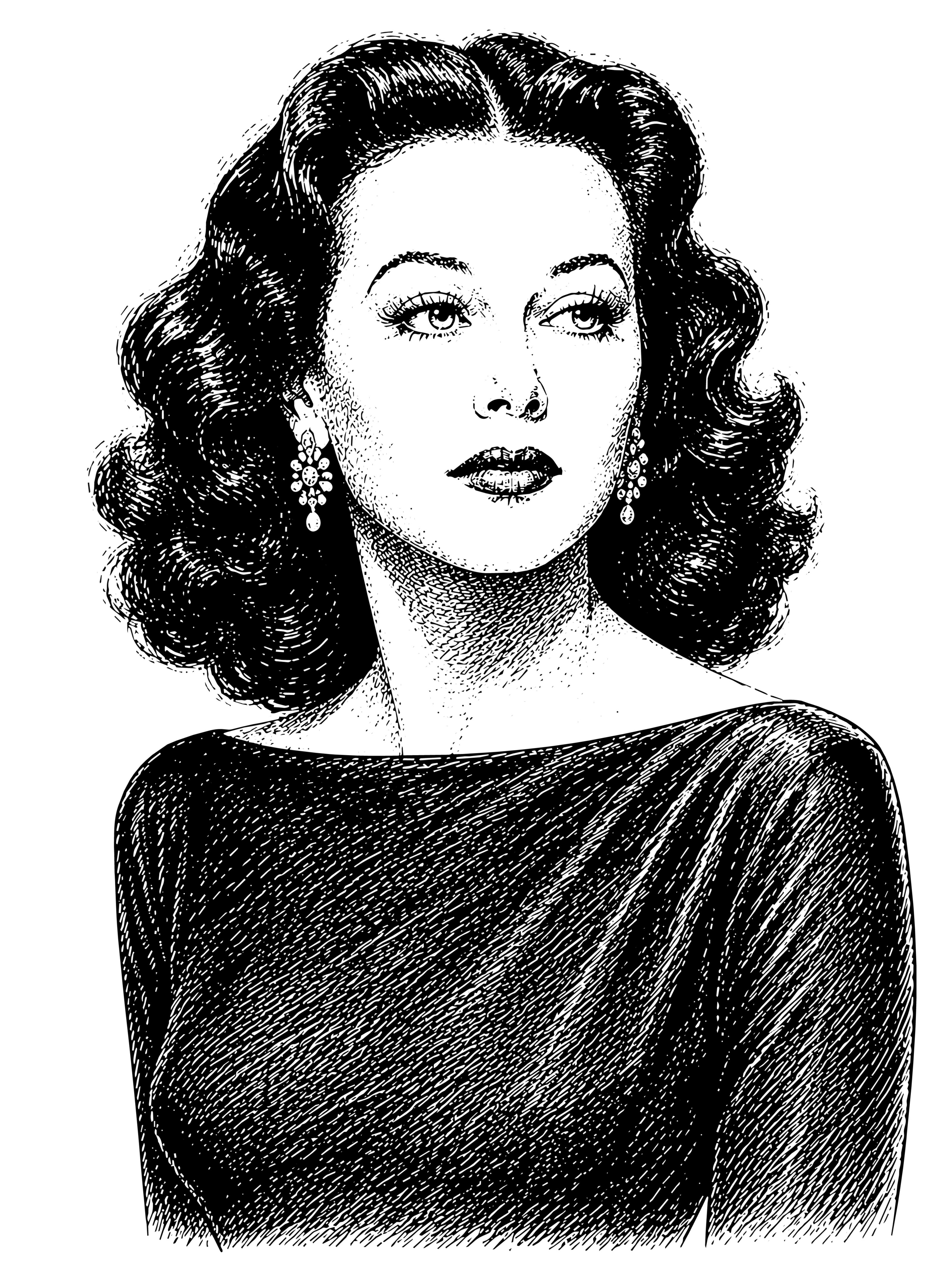 Schwarz-wei&szlig;-Zeichnung der K&uuml;nstlerin und Erfinderin Hedy Lamarr.