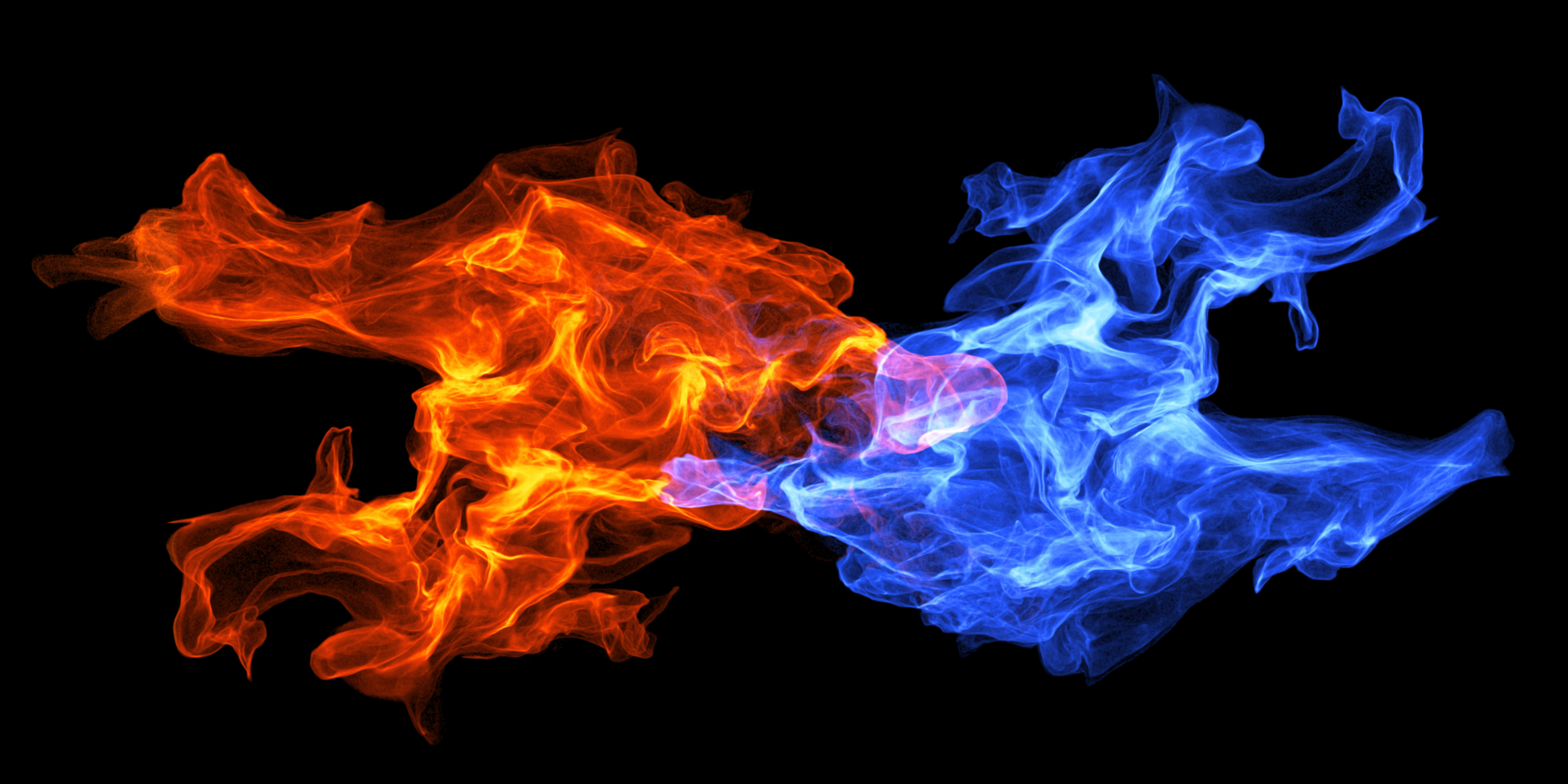 Eine rote und eine blaue Energiewolke greifen ineinander vor schwarzem Hintergrund.