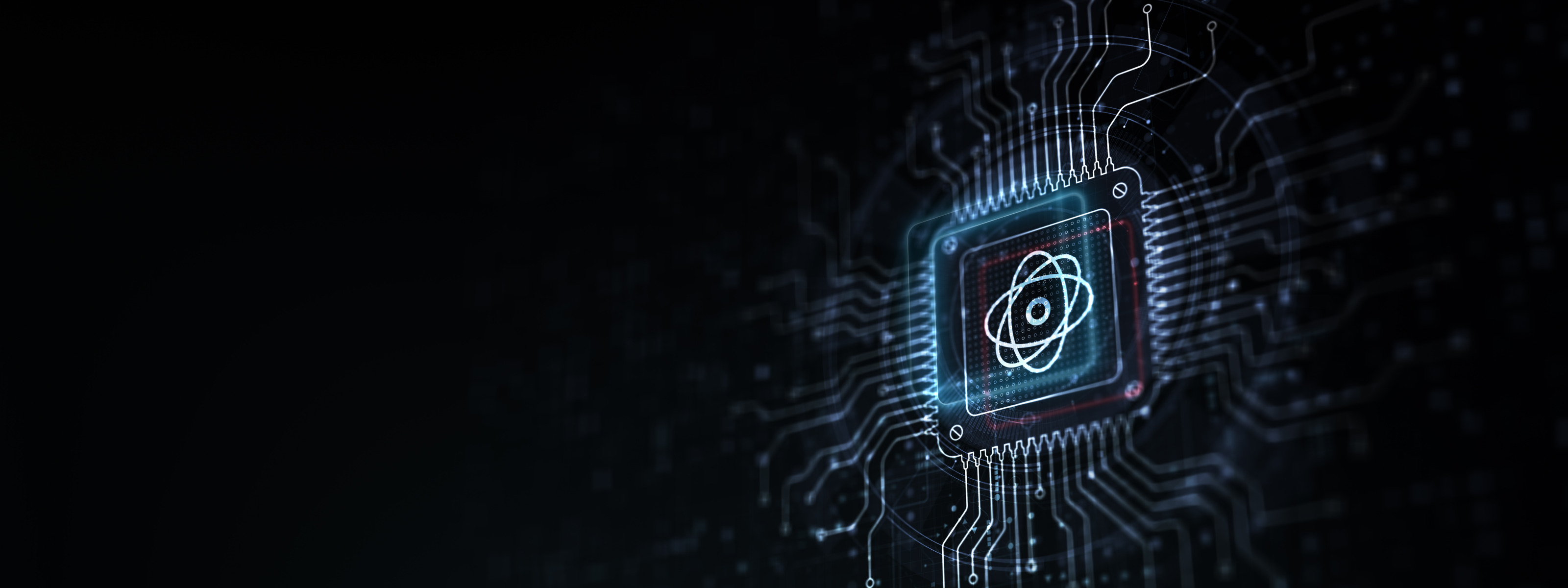 3D-Rendering eines leuchtenden Computerchips auf schwarzem Hintergrund mit Symbol für Elementarteilchens in der Mitte: zentraler Kreis umgeben von mehreren sich überlappenden Kreisen.