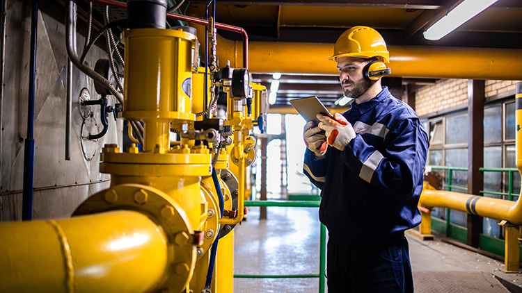 Raffineriearbeiter vor Anlage, Blatt lesend