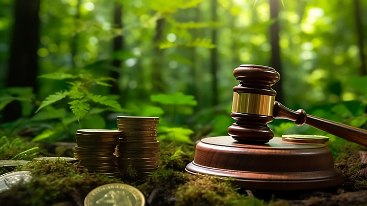 Richterhammer aus Holz auf Holzfläche aufschlagend, umgeben von Münzen in Wald