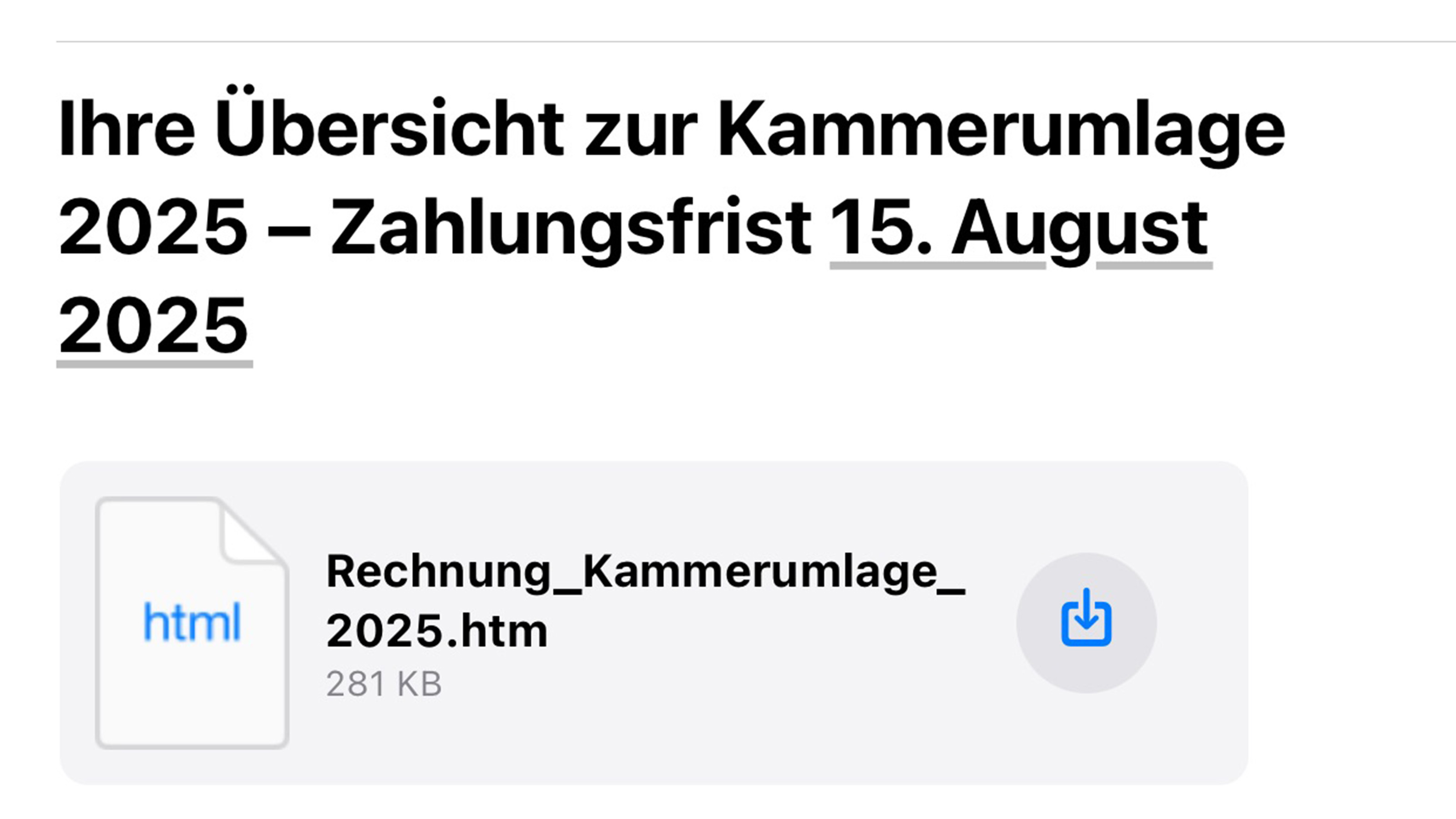 Screenshot vom betr&uuml;gerischen Anhang der Phishing-E-Mail lautend Rechnung Kammerumlage 2025.htm