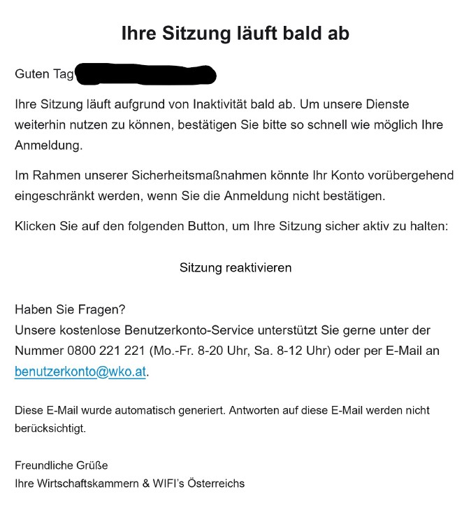 Betrugsemail. Inhalt: siehe oben