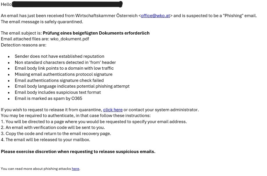 Muster der Phishingmail, Informationen befinden sich oberhalb