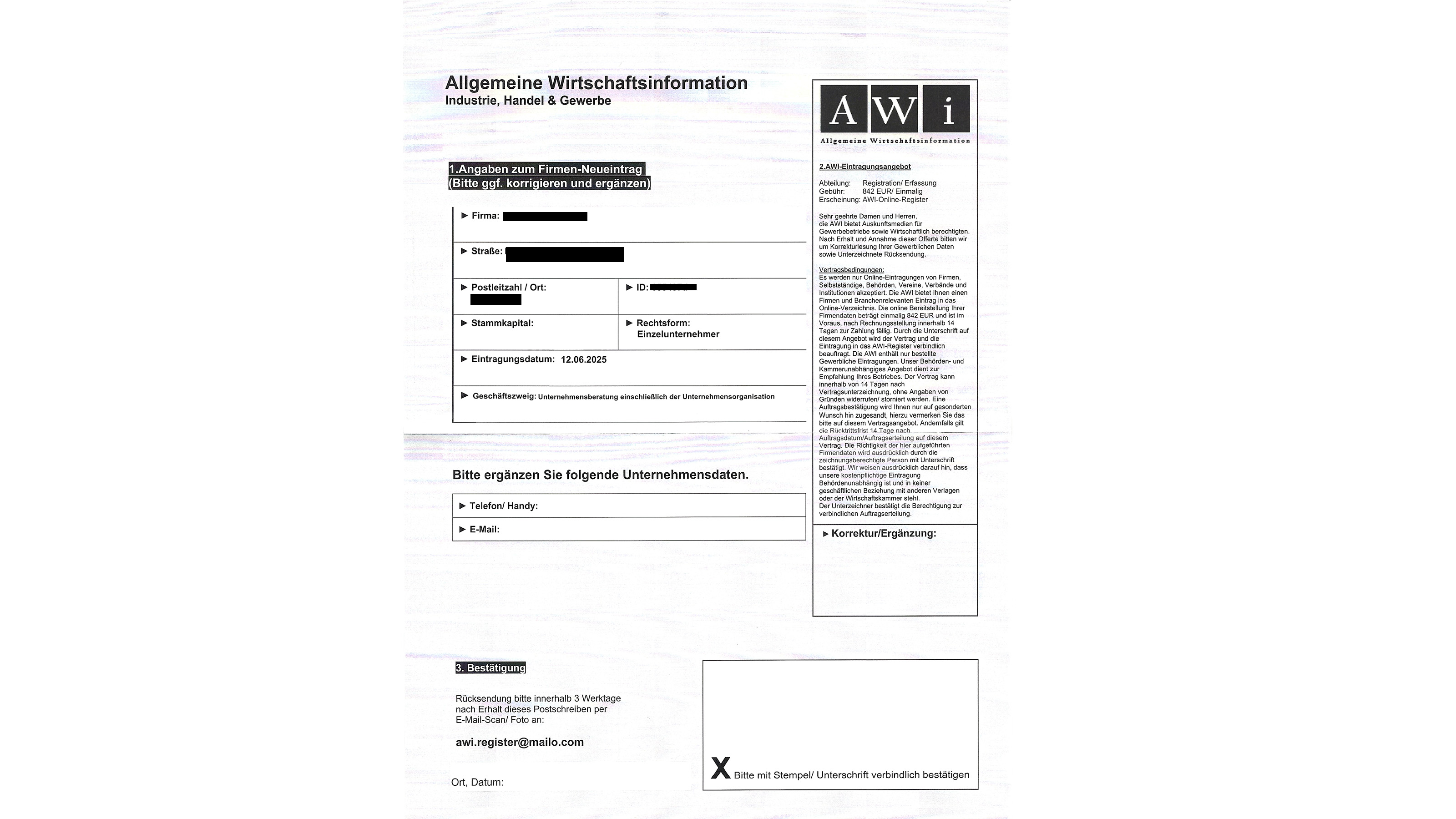 Beispiel eines betr&uuml;gerischen Schreibens der AWI zur Eintragung von Firmendaten 