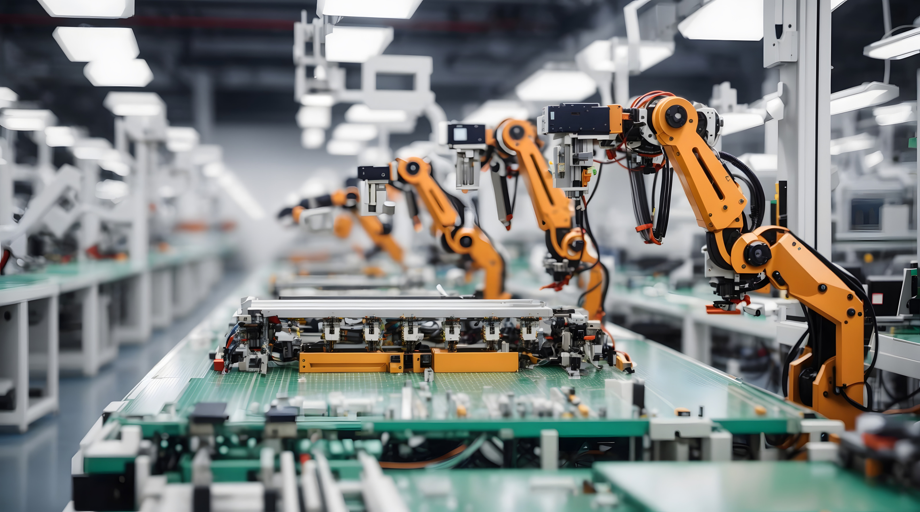 Orangene Roboterarme und Förderbänder in einer Fertigungsanlage. Generative KI