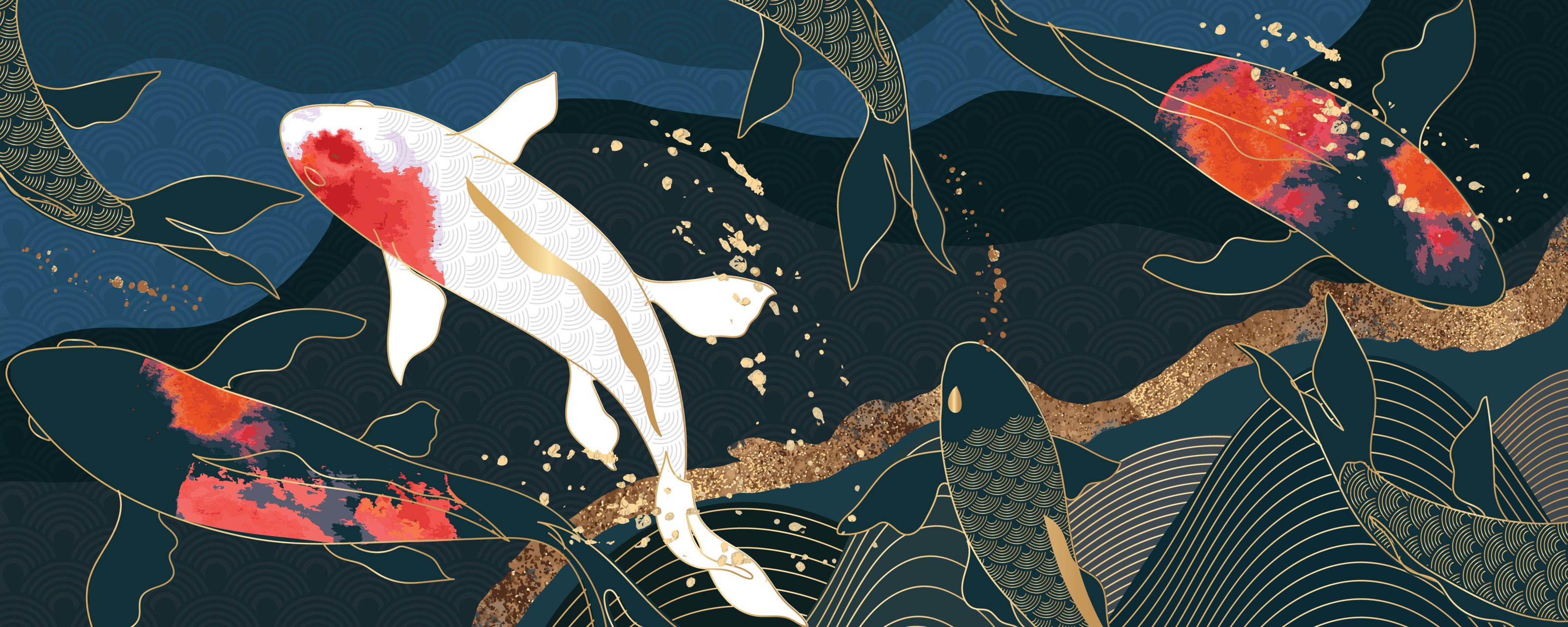 Abstrakte Grafik mit gezeichneten Koi Fischen mit Wellen in den Farben Weiß, Schwarz, Blau, Rot und Gold