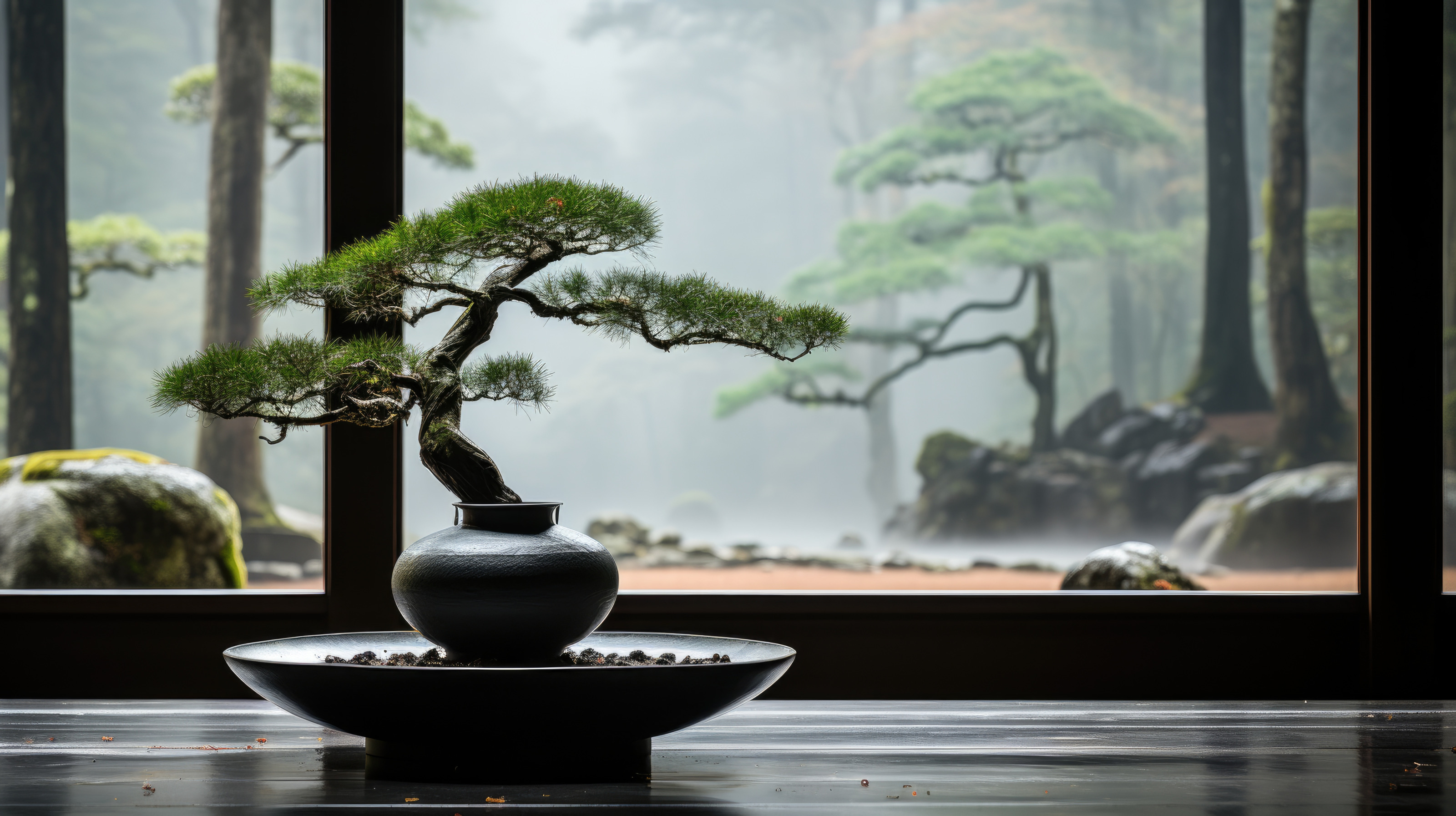 Zen Garten in Japan mit Blick durch eine Glasscheibe in einen Wald