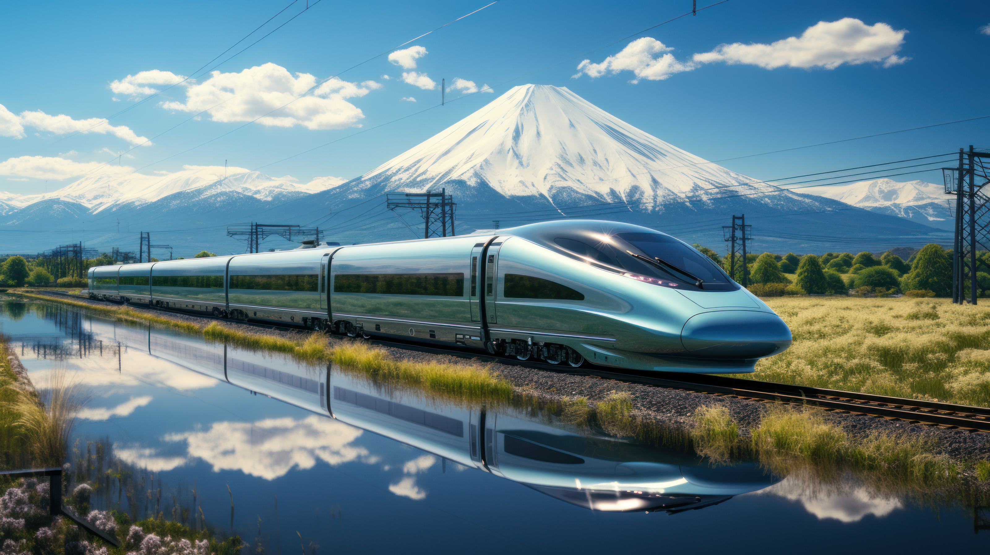 Zug Shinkansen spiegelt sich in einem See neben den Bahngleisen, dahinter zeigt sich eine Landschaft mit Hochspannungsleitungen sowie dem Mount Fuji bei blauem Himmel mit Wolken, KI-generiert