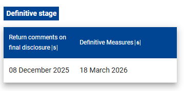 Aufnahme eines Ausschnitts eines Bildschirms, auf dem endg&uuml;ltige Phase, Kommentare zur finalen Offenlegung am 8. Dezember 2025 und endg&uuml;ltige Ma&szlig;nahmen am 18. M&auml;rz 2026