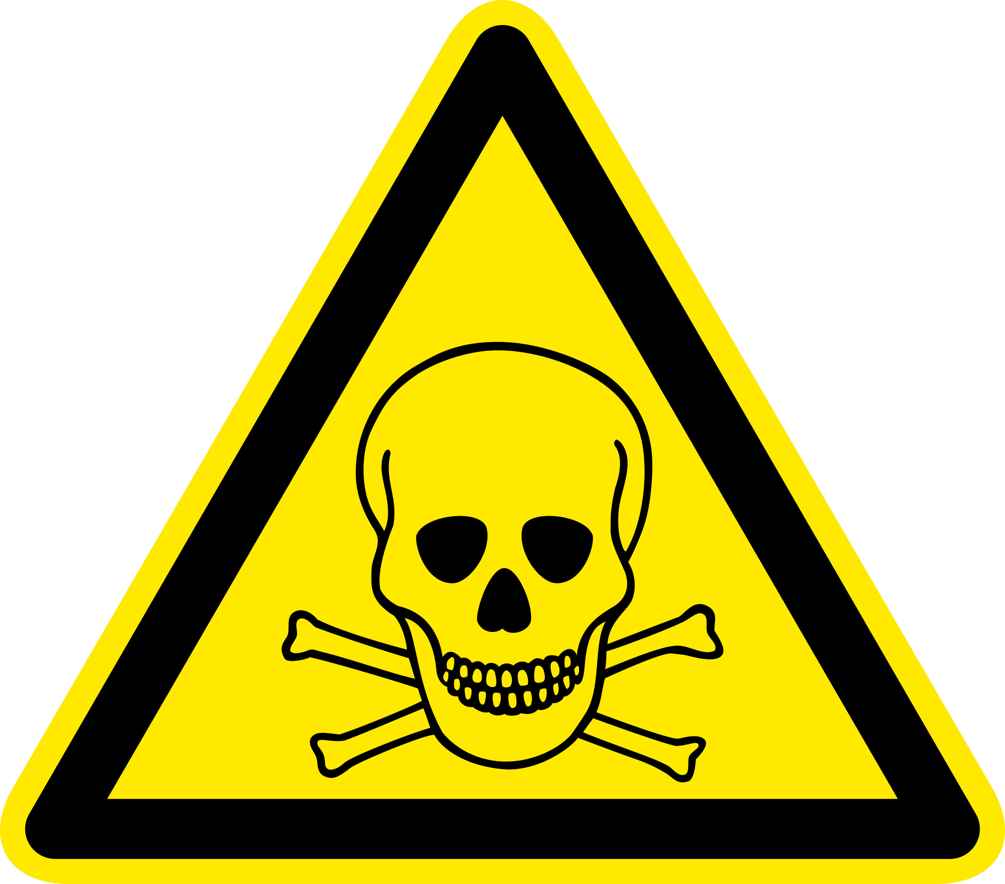 Warnsymbol: Schwarzes Symbol eines Totenkopfes auf gekreuzten Knochen eingefasst von schwarzlinigem Dreieck auf grellgelben Hintergrund