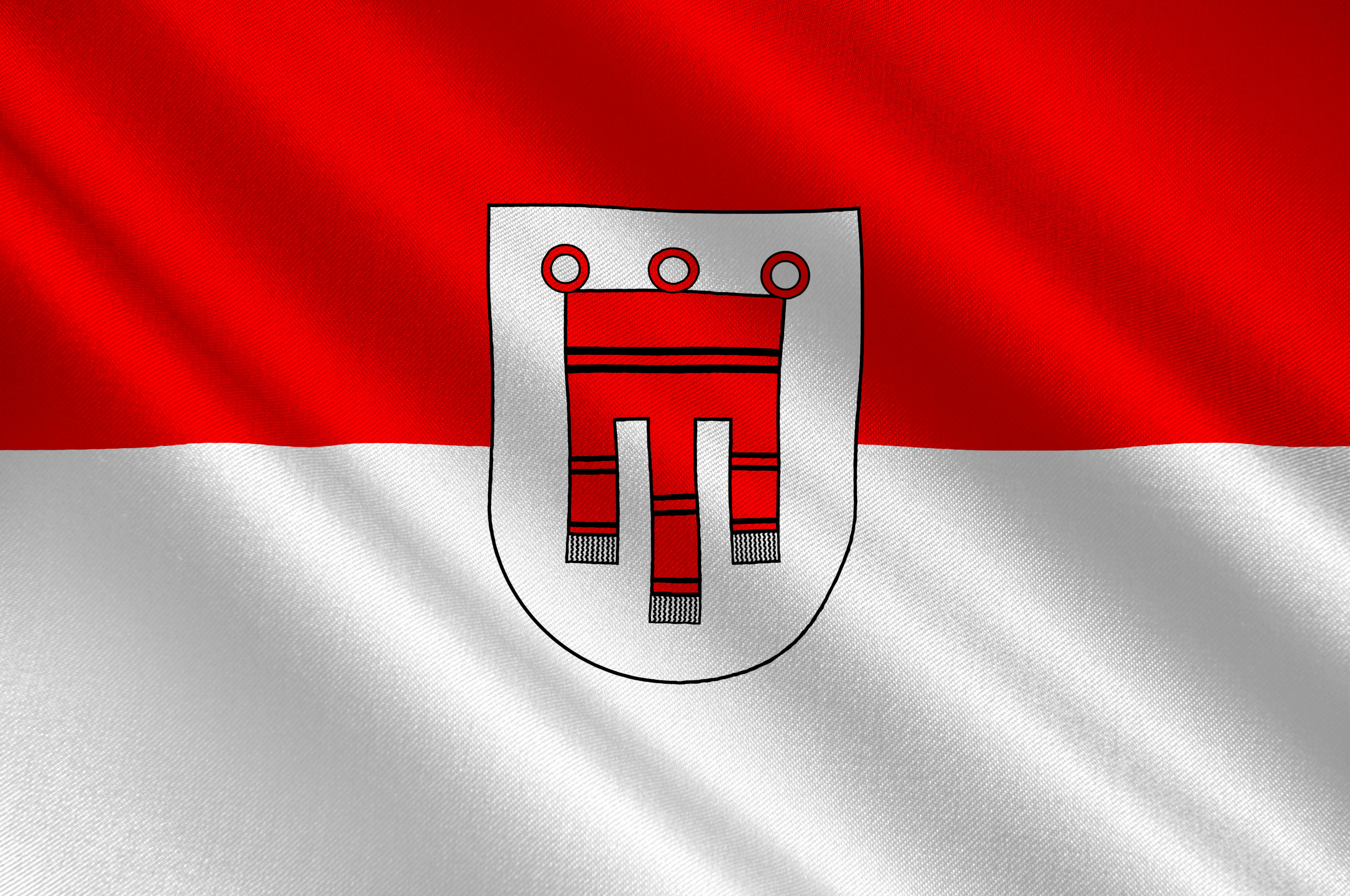 Grafik der vorarlbergischen Flagge. Die obere Hälfte ist rot, die untere Hälfte ist weiß. In der Mitte ist ein Wappen 