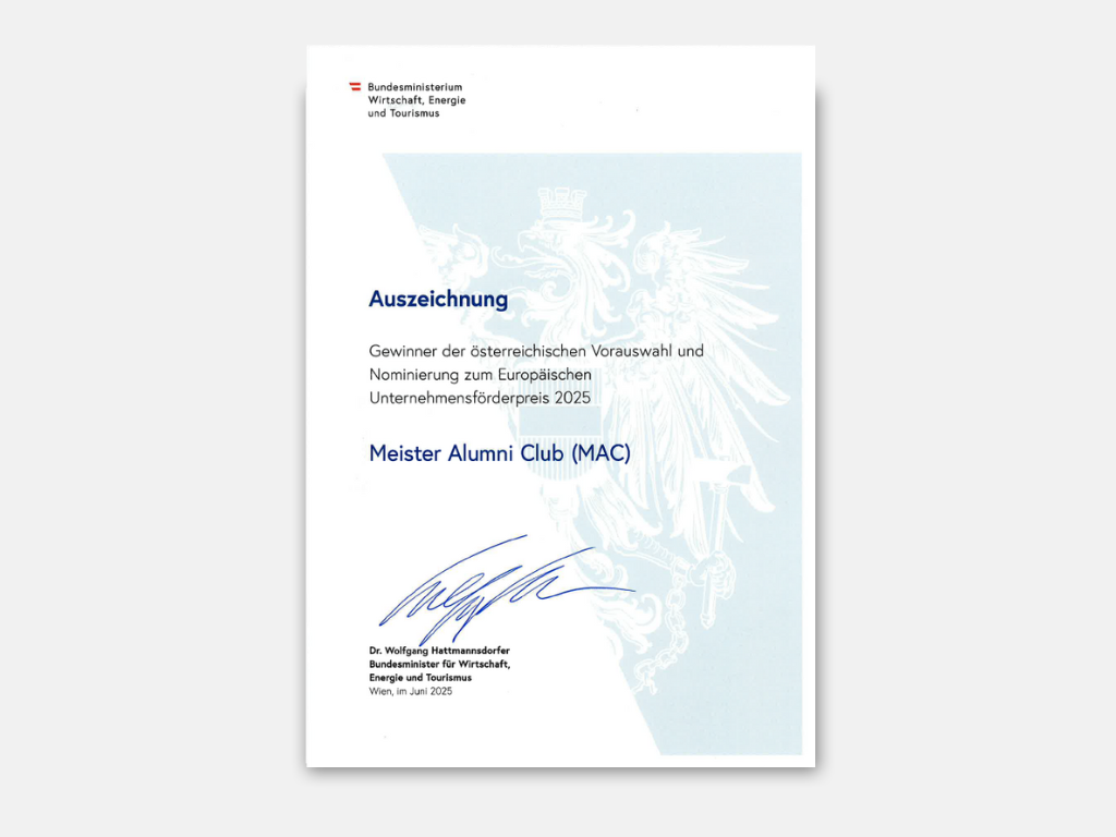 Auszeichnung zum European Enterprise Promotion Award für den Meister Alumni Club der Bundessparte Gewerbe und Handwerk