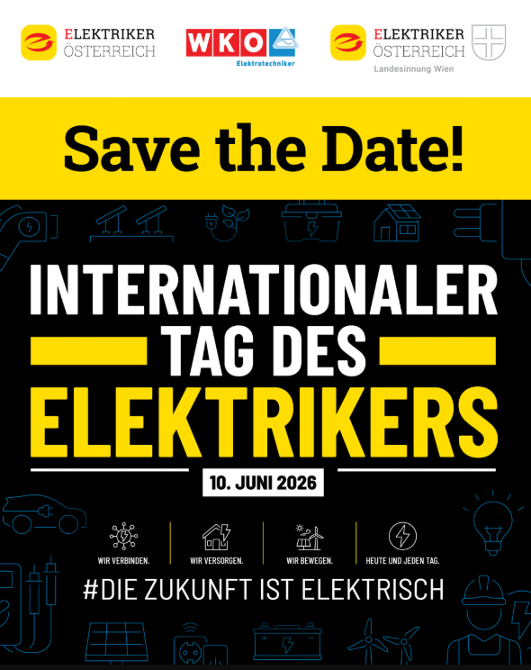 Veranstaltungsgrafik: Internationaler Tag des Elektrikers, 10. Juni 2026, #Die Zukunft ist elektrisch.
