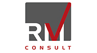 Weiß-Roter Schriftzug RM-Consult auf grauweißem Hintergrund