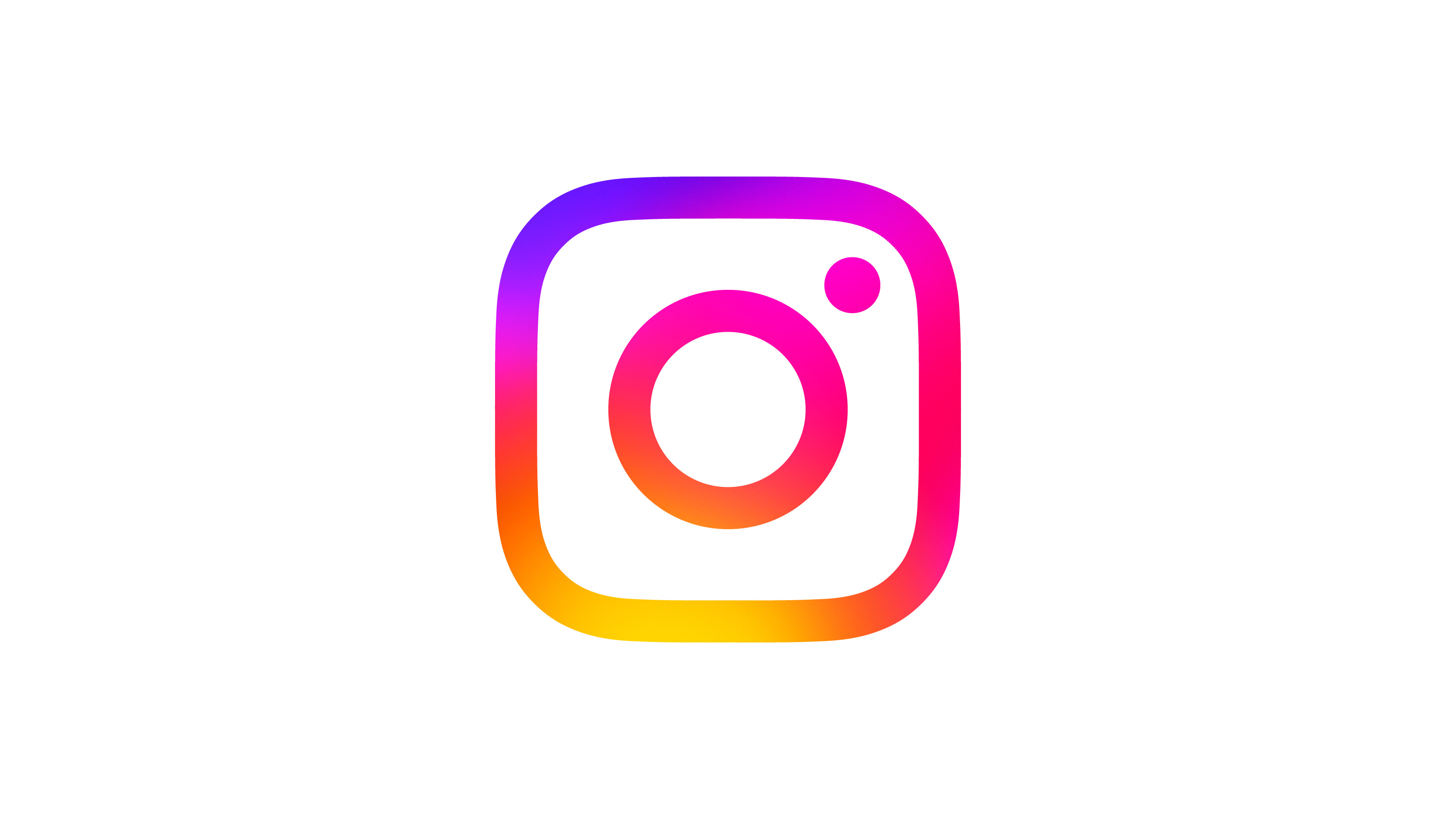 Instagram-Logo: Abgerundetes Quadrat, darin mittig Kreis ungefüllt, im rechten Eck gefüllter kleinerer Kreis Linse einer Kamera symbolisierend auf weißem Hintergrund in buntem Farbverlauf