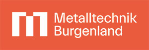 Logo Metalltechnik Burgenland weiß vor orangenem Hintergrund