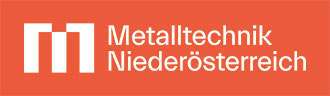 Logo Metalltechnik Niederösterreich weiß mit orangenem Hintergrund