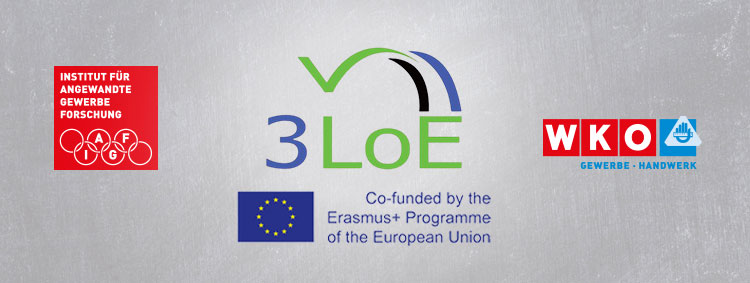 Logos des Instituts für angewandte Gewerbe Forschung, des Erasmus-Programm 3LoE und der Bundessparte Gewerbe und Handwerk
