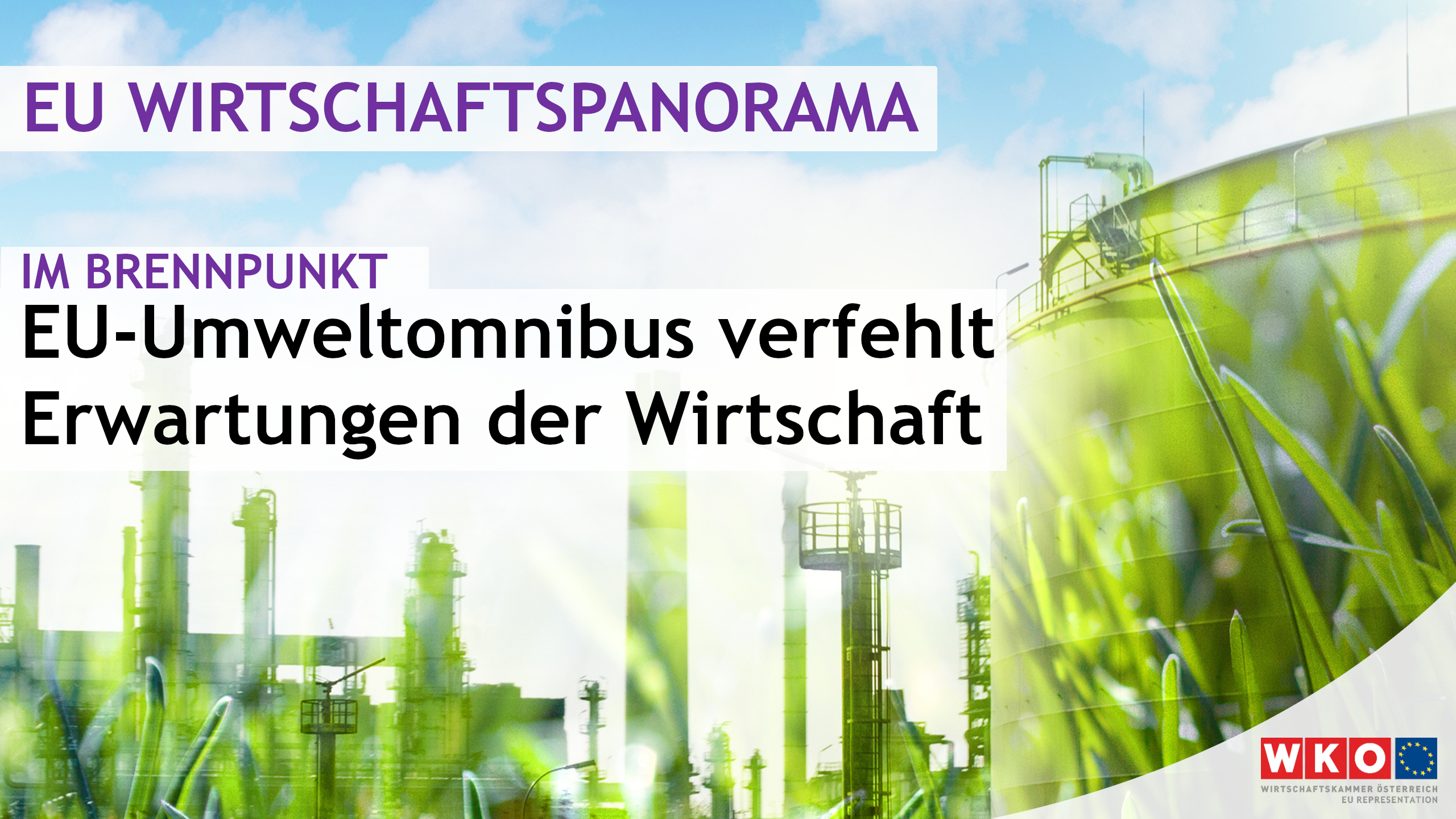 Im Vordergrund sind gr&uuml;ne Grashalme. Dahinter ist eine gro&szlig;e Fabriksanlage. &Uuml;ber dem Bild steht EU-Panorama, Umwelt-Omnibus verfehlt Erwartungen der Wirtschaft