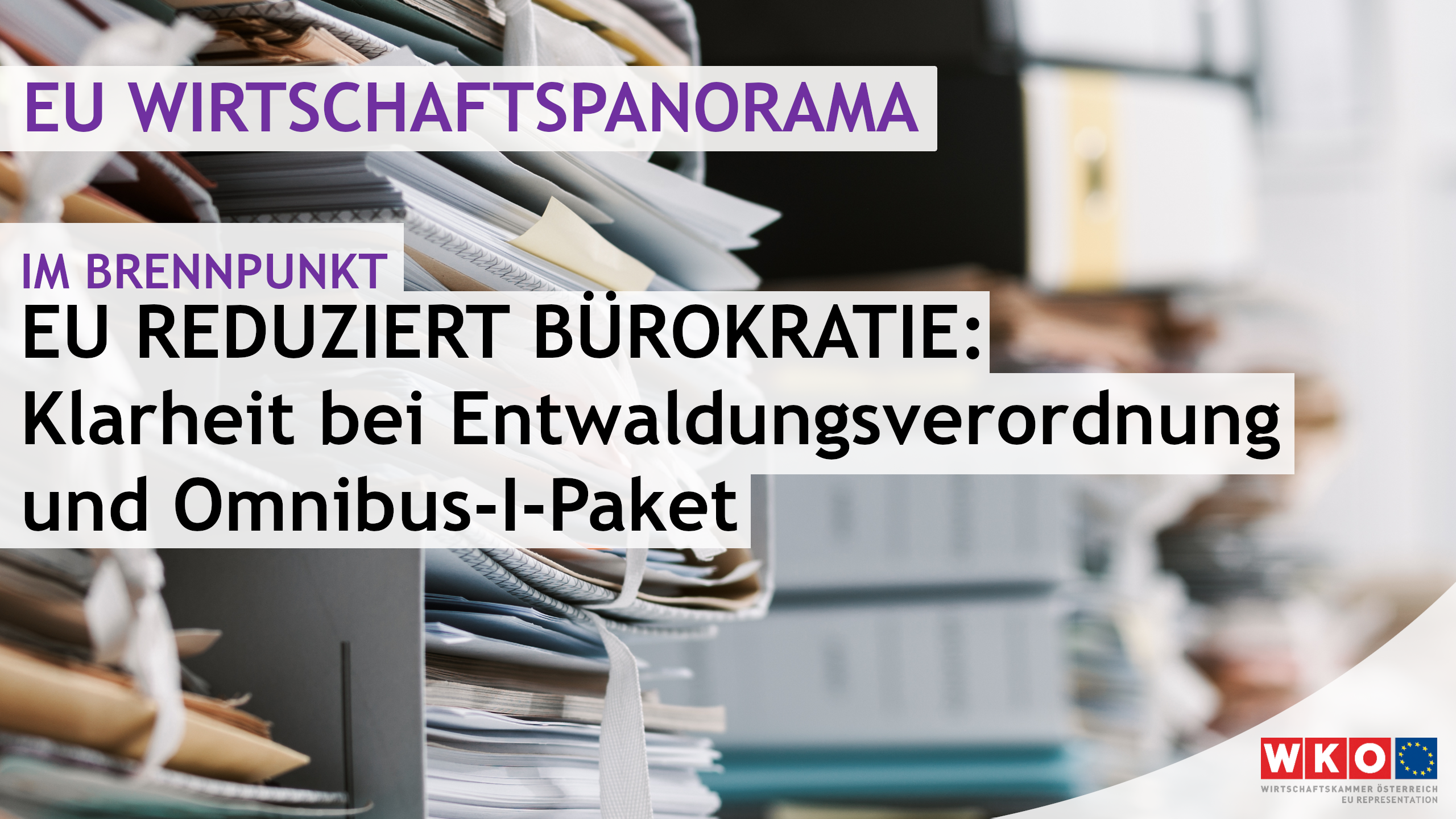 Nahaufnahme eines Aktenstapels. Dar&uuml;ber steht EU-Panorama, EU reduziert B&uuml;rokratie, Klarheit bei Entwaldungsverordnung und Omnibus-I-Paket
