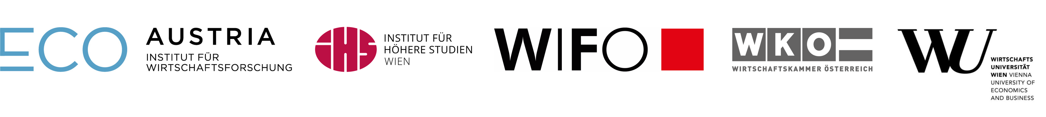 Logos von LCO Austria &ndash; Institut f&uuml;r Wirtschaftsforschung, Institut f&uuml;r H&ouml;here Studien Wien, WIFO, Wirtschaftskammer &Ouml;sterreich und Wirtschaftsuniversit&auml;t Wien.