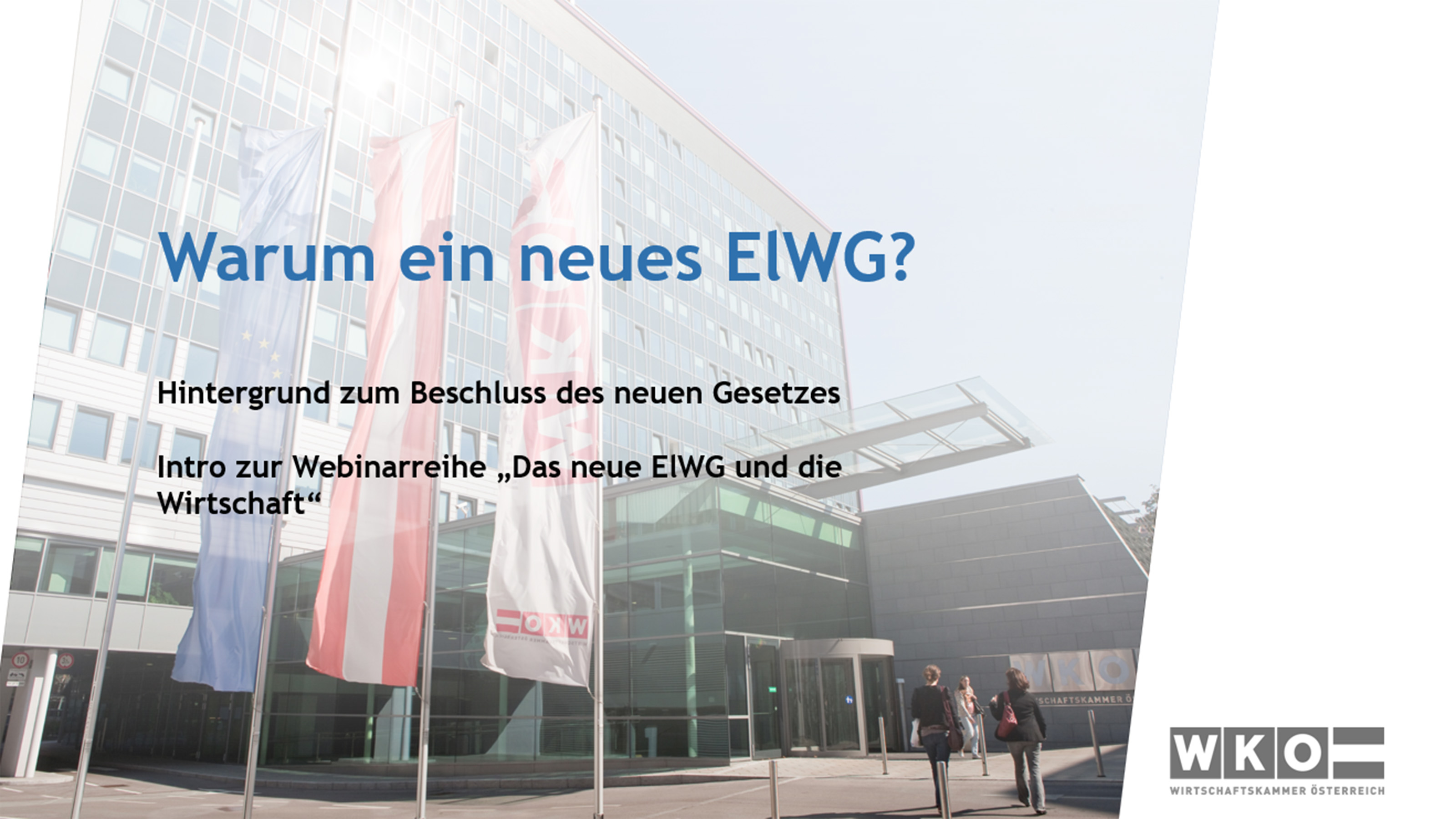 Screenshot der Pr&auml;sentationsfolien Warum ein neues ElWG? Hintergrund zum Beschluss des neuen Gesetzes, Intro zur Webinarreihe das neue ElWG und die Wirtschaft