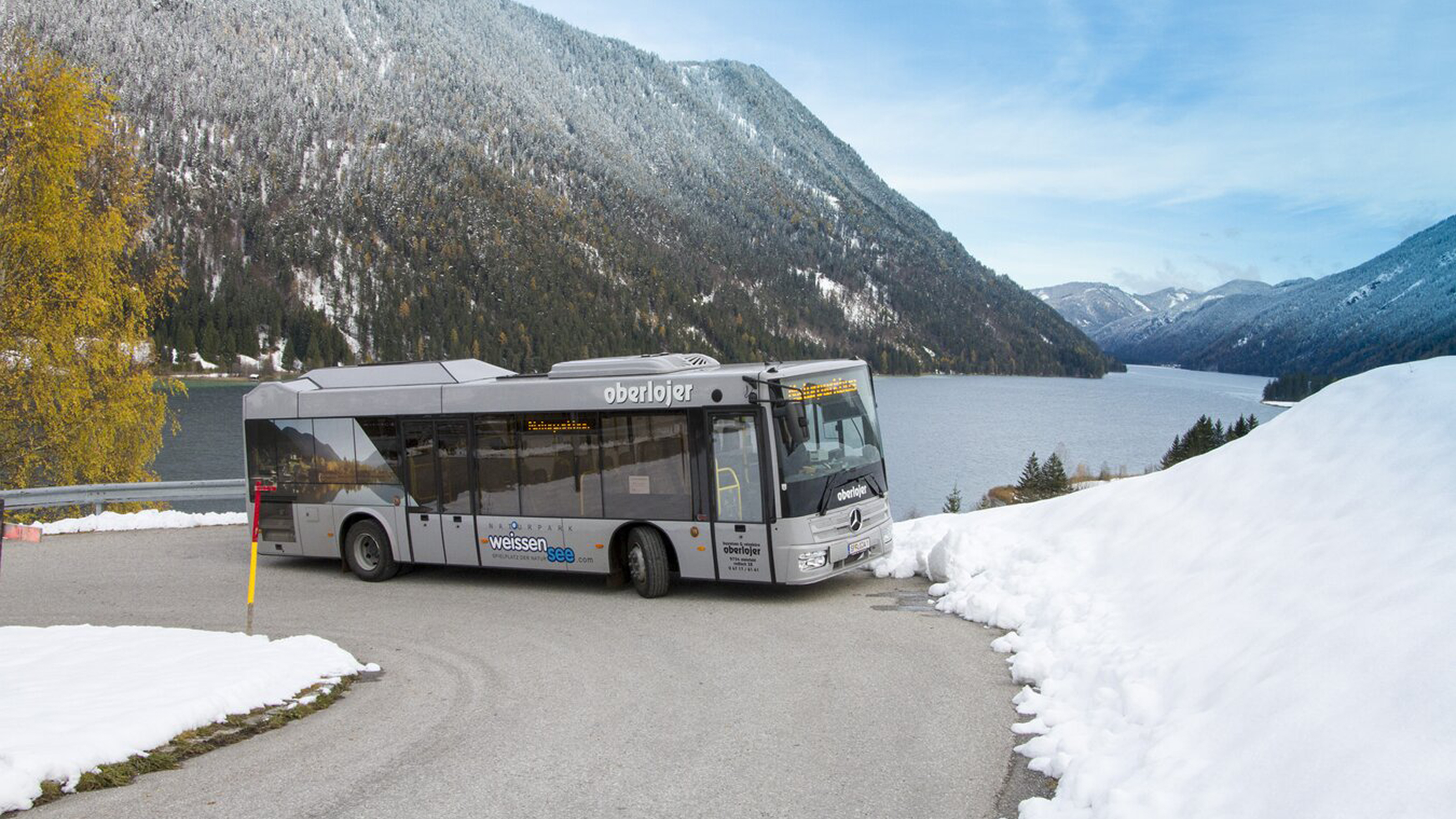 Bus auf einer kurvigen Straße mit dem Weissensee im Hintergrund