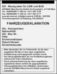 Screenshot einer Textpassage zur Fahrzeugdeklaration für GO-Mautsystem für LKW und Bus mit unterschiedlichen Kennwerten gelistet wie KFZ-Kennzeichen, Nationalität und weiteres