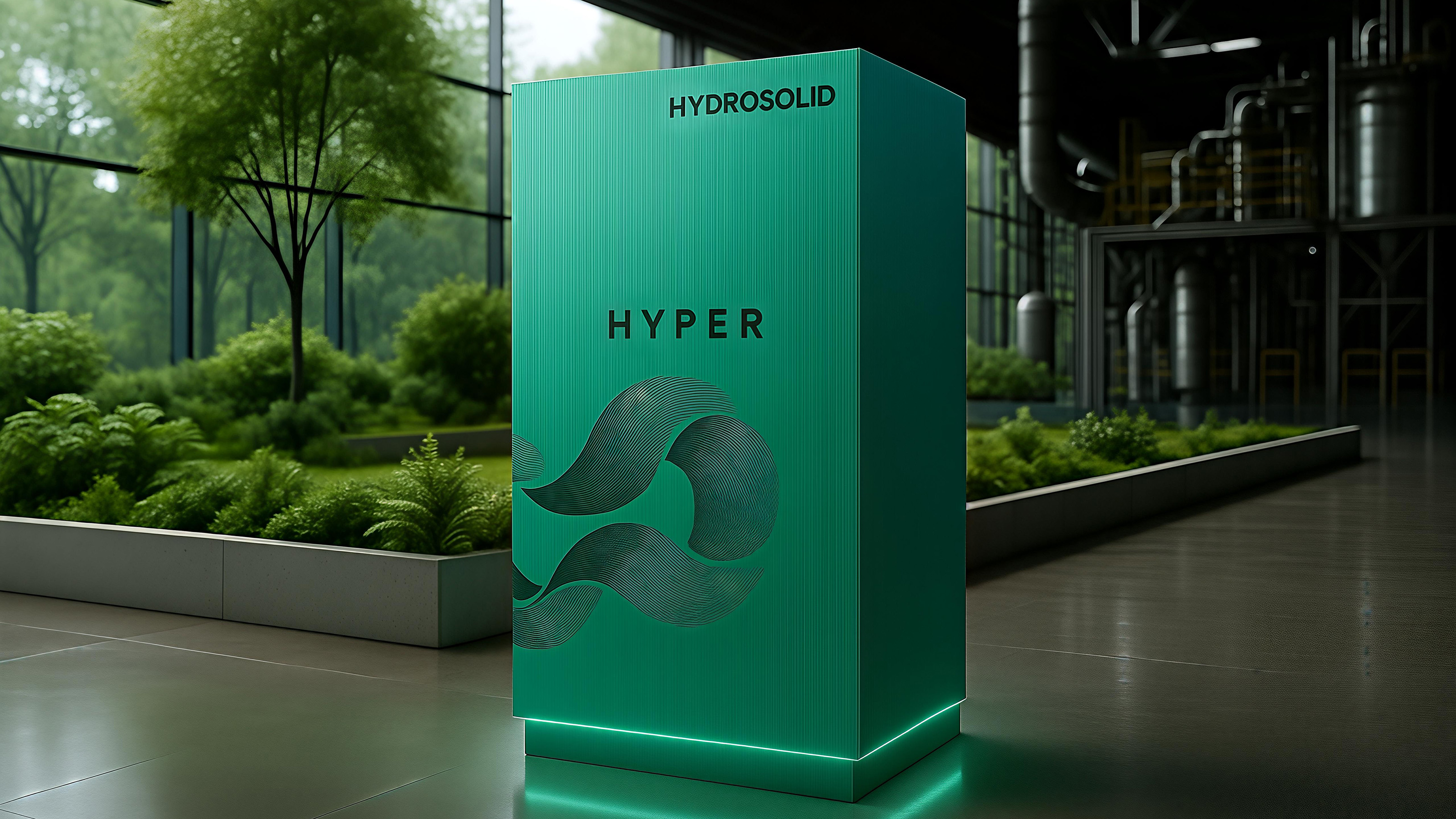 Rendering eines Wasserstoffspeichers: Ein gr&uuml;ner Kasten mit der Aufschrift Hydrosolid Hyper in einem Raum mit hohen Fenstern, Bepflanzung und Leitungen