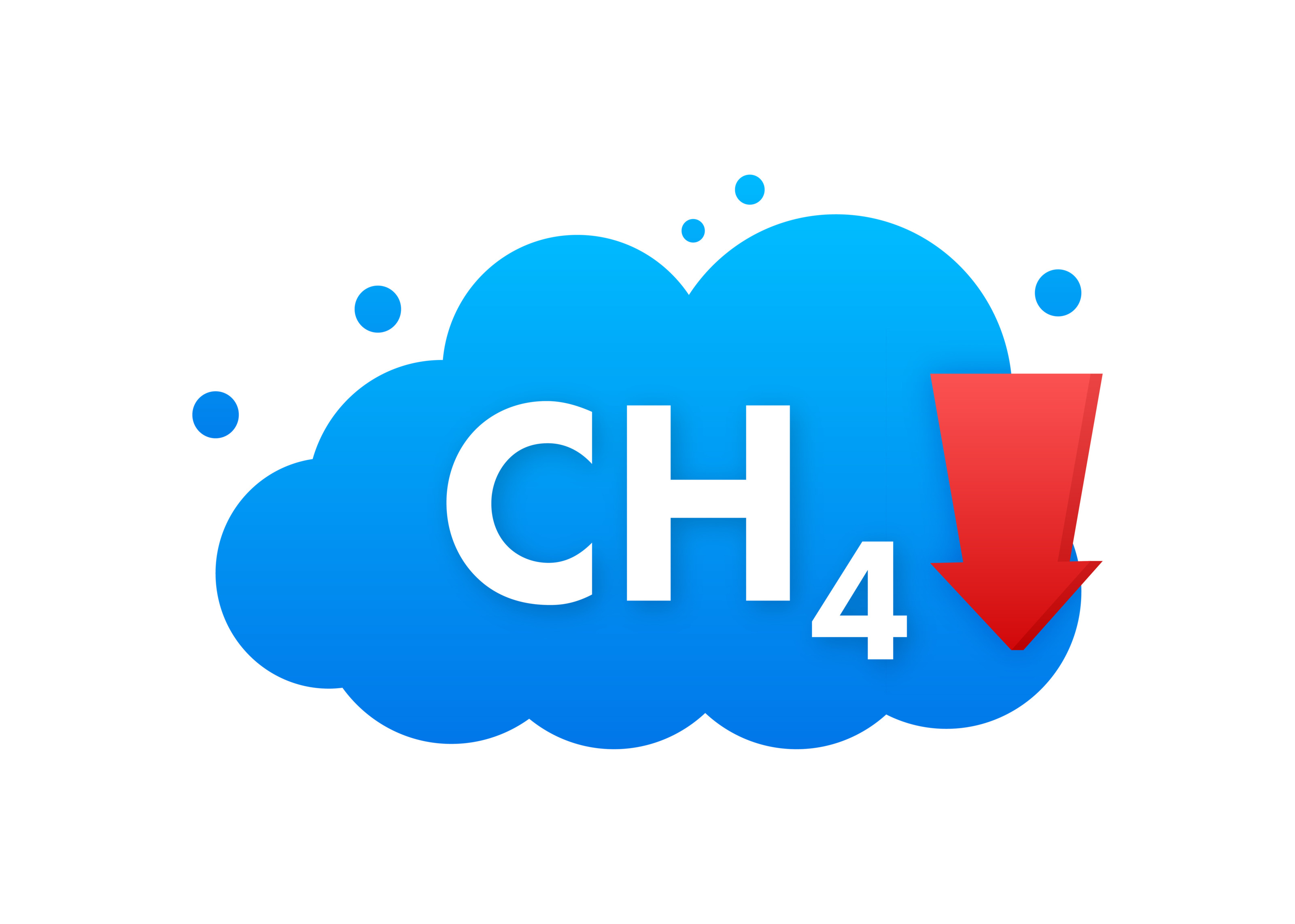 Illustration einer blauen Wolke mit weißem Schriftzug CH4 und rotem Pfeil, der nach unten deutet