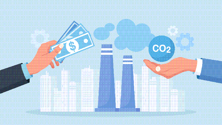 Illustration in Blautönen zweier Hände mit CO2-Bubble und Geldscheinen, im Hintergrund Fabrik