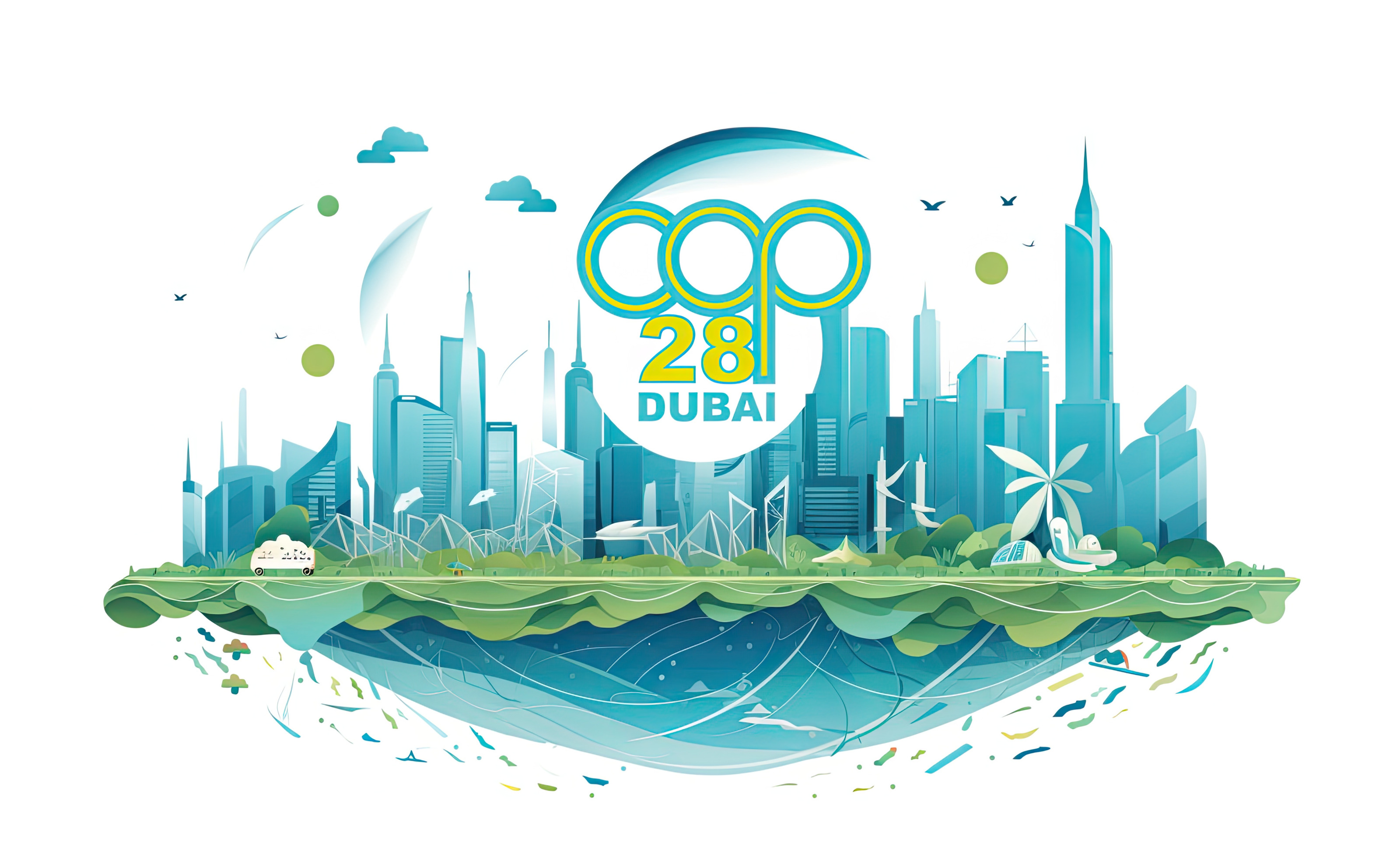 KI-generierte Illustration in türkisblau gehalten auf weißem Hintergrund: Stadtlandschaft mit Hochhäusern darüber Schriftzug COP 28 Dubai