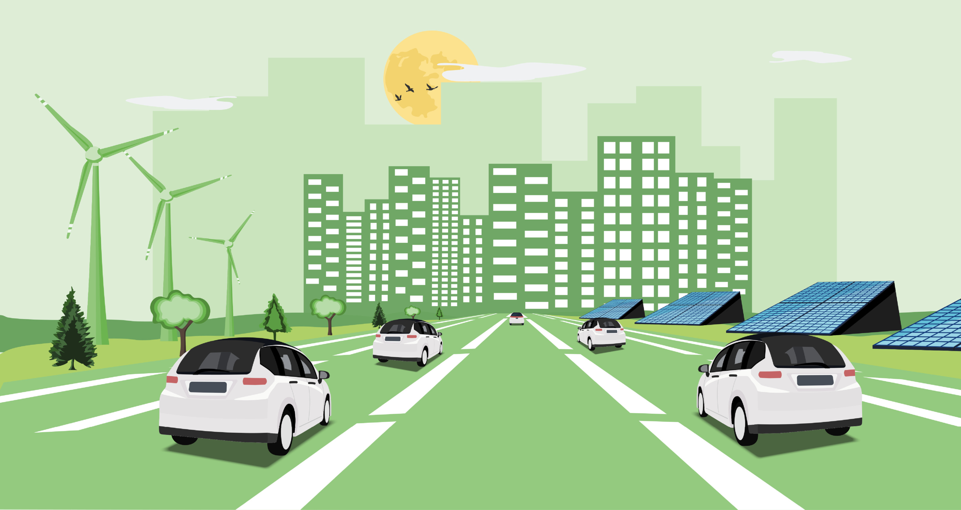 Illustration einer emissionsfreien Stadt: Elektroautos auf Straße fahrend, ringsum Solarpanele und Windräder, im Hintergrund Hochhäuser in grün