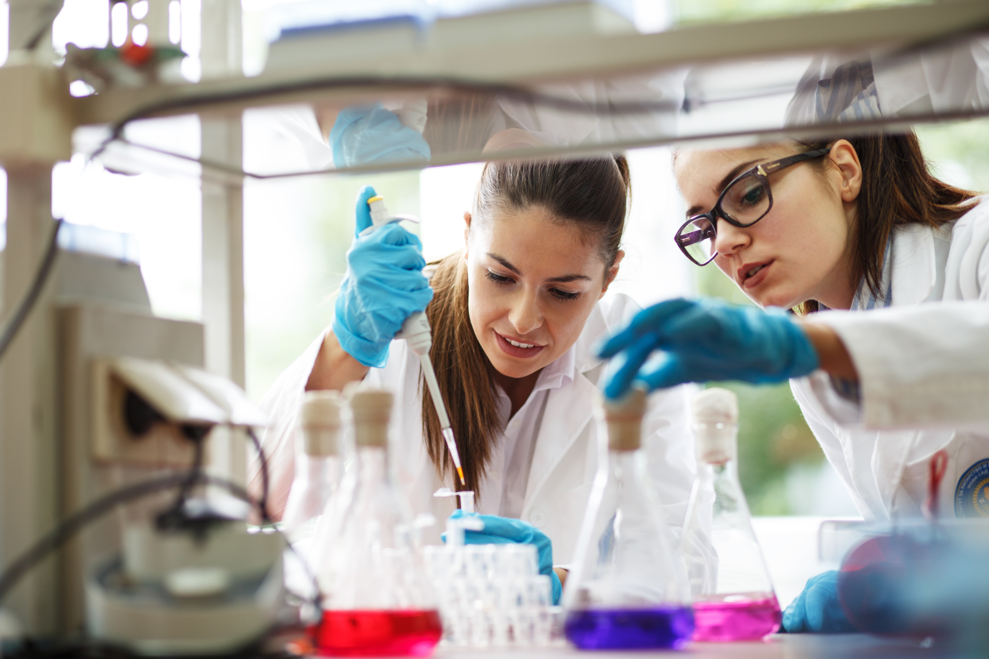 Zwei Personen mit blauen Gummihandschuhen in Labor, eine Person füllt mit Füllstab Flüssigkeit in Eprouvette, andere Person greift nach Reagenzglas mit violetter Flüssigkeit