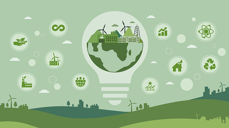 Illustration in Grün gehalten: Große Glühbirne mit halber Weltkugel und Windrädern umgeben von Icons zum Thema Nachhaltigkeit