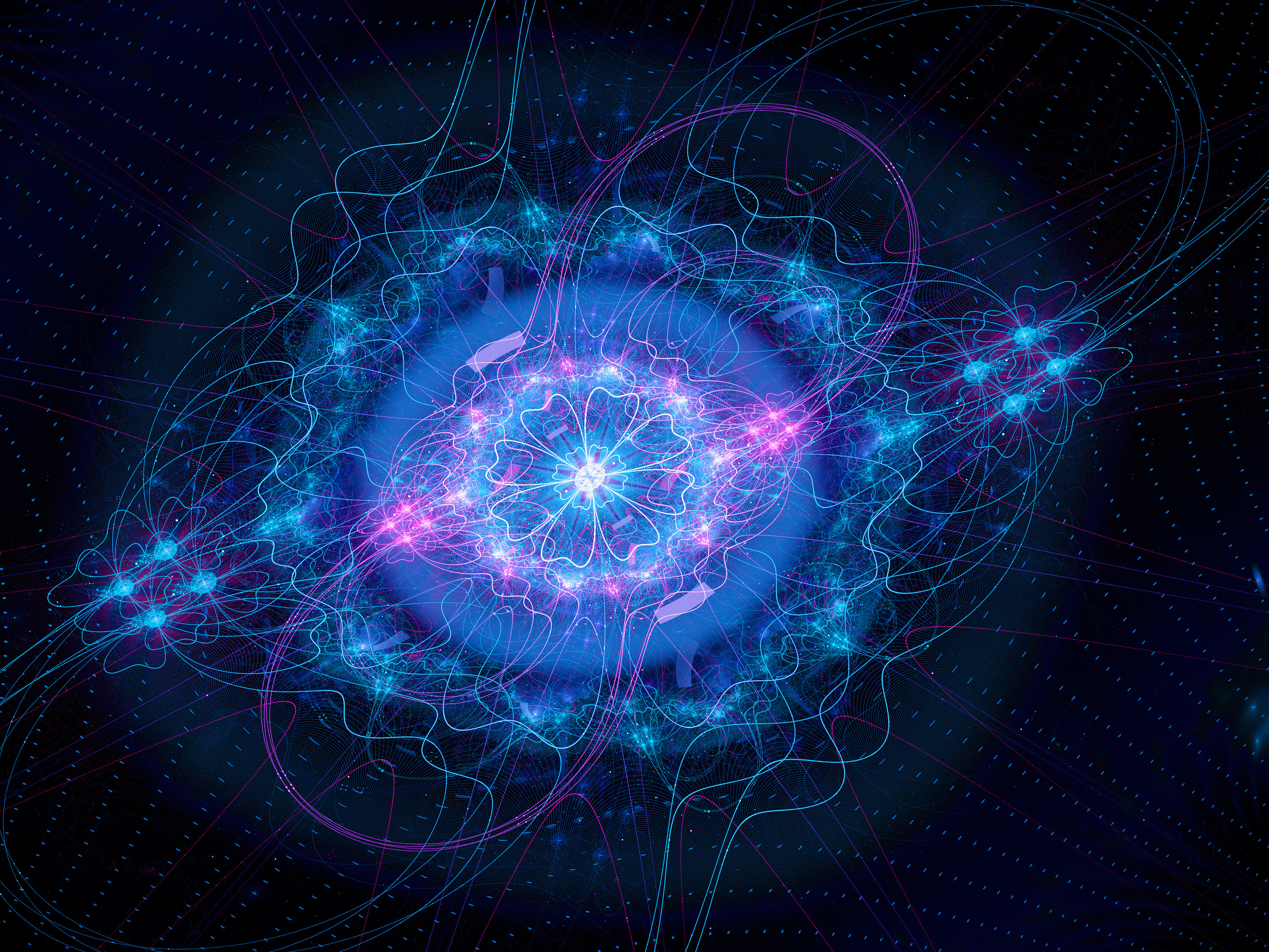 3D-Illustration des Higgs-Bosons: Blauviolett leuchtenden kreisförmige, gewellte und strichlierte Linien sich ins Zentrum verdichtend auf dunklem Hintergrund