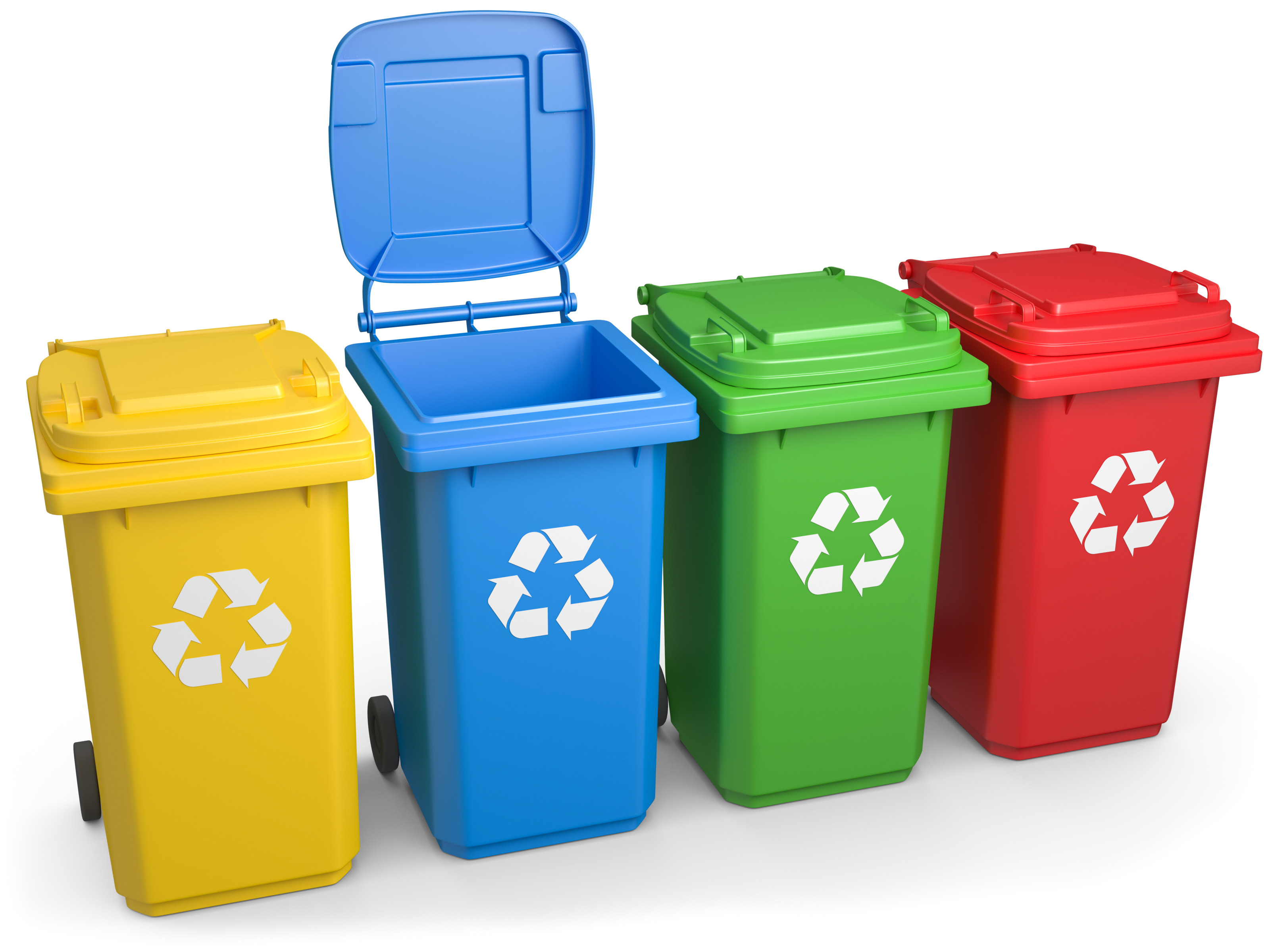 Illustration von vier verschiedenfarbigen Mülltonnen in gelb, blau, grün und rot mit Recyclingzeichen an den Vorderseiten - drei im Kreis verlaufende weiße Pfeile; die blaue Mülltonne hat den Deckel geöffnet, allesamt auf weißem Hintergrund