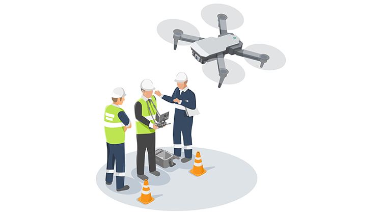 Illustration von drei Personen mit weißen Bauhelmen, über ihnen fliegende Drohne